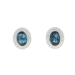 London Blue Topaz and Diamond Halo Earrings, 14k Gold Milgrain Pierced 1.91ctw