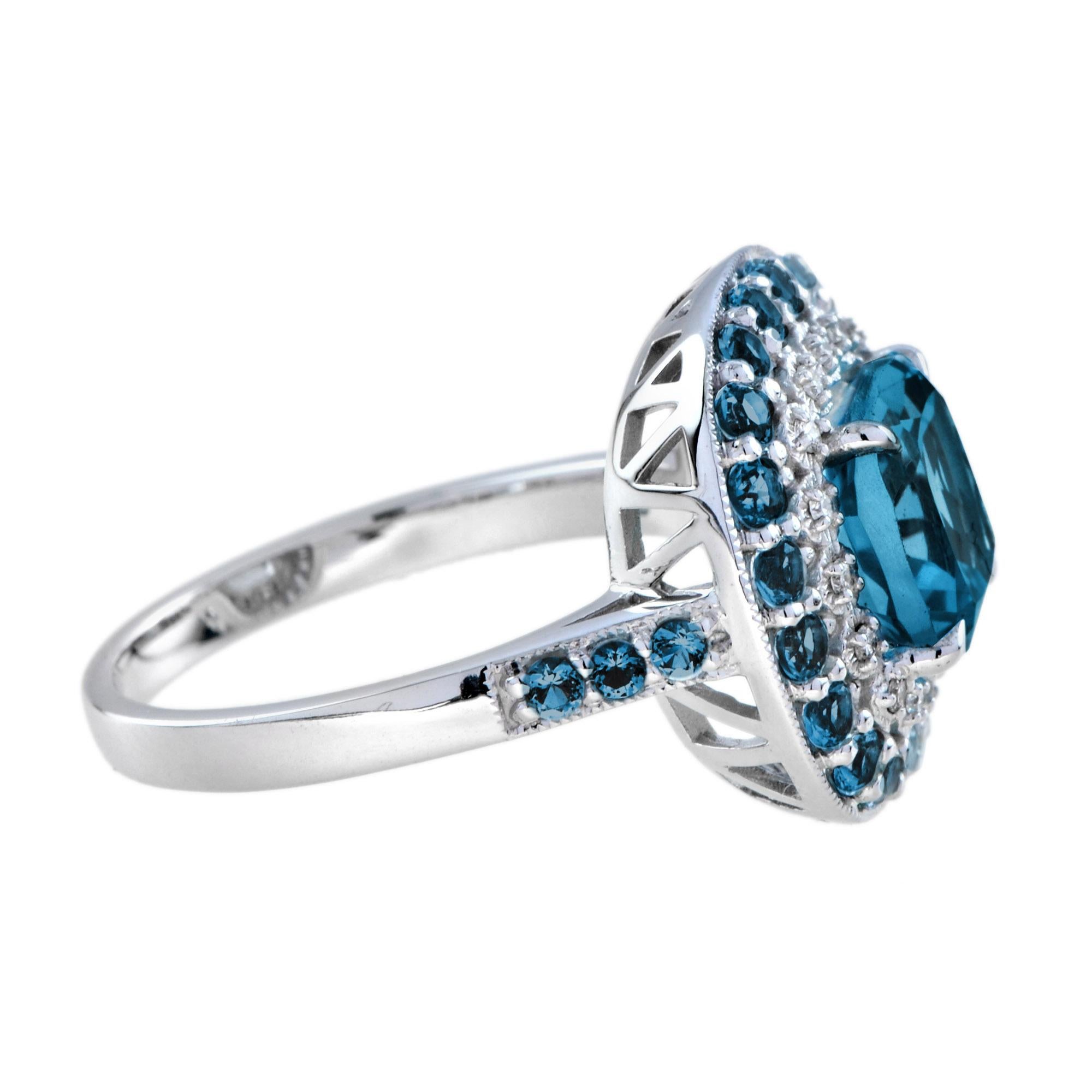 Round Cut London Blue Topaz and Diamond Halo Engagement Ring in 14K White Gold For Sale