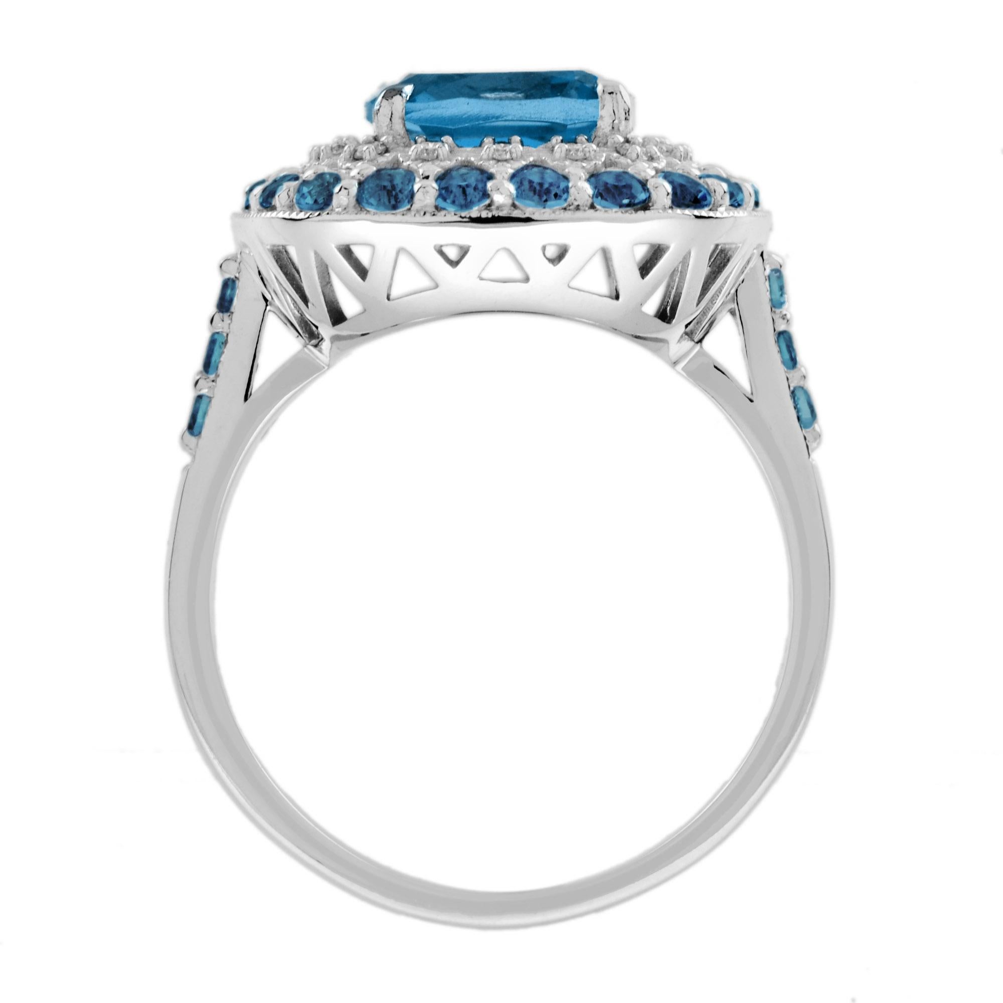 Women's London Blue Topaz and Diamond Halo Engagement Ring in 14K White Gold For Sale