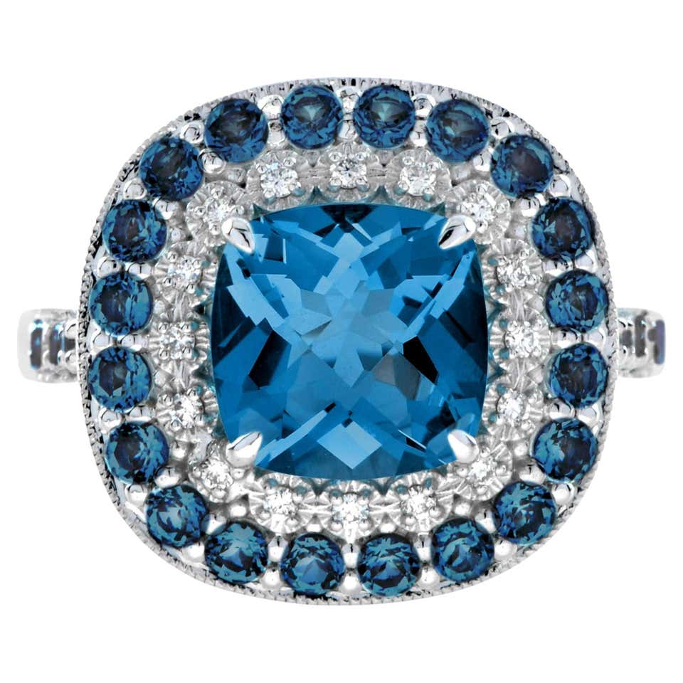 London Blue Topaz and Diamond Art Deco Style Engagement Ring in 14K ...