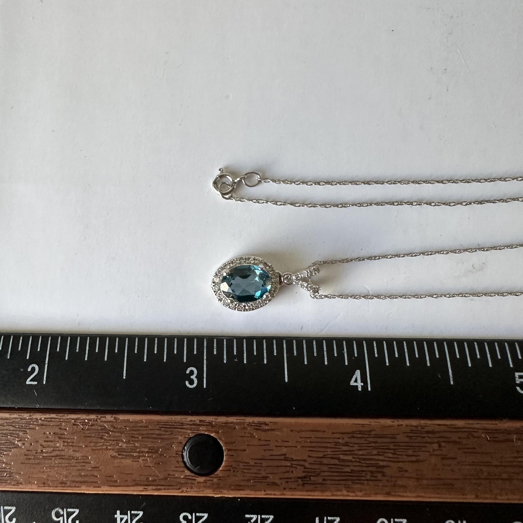 Women's London Blue Topaz and Diamond Necklace in 10kt White Gold – 7.85x5.8mm Topaz For Sale