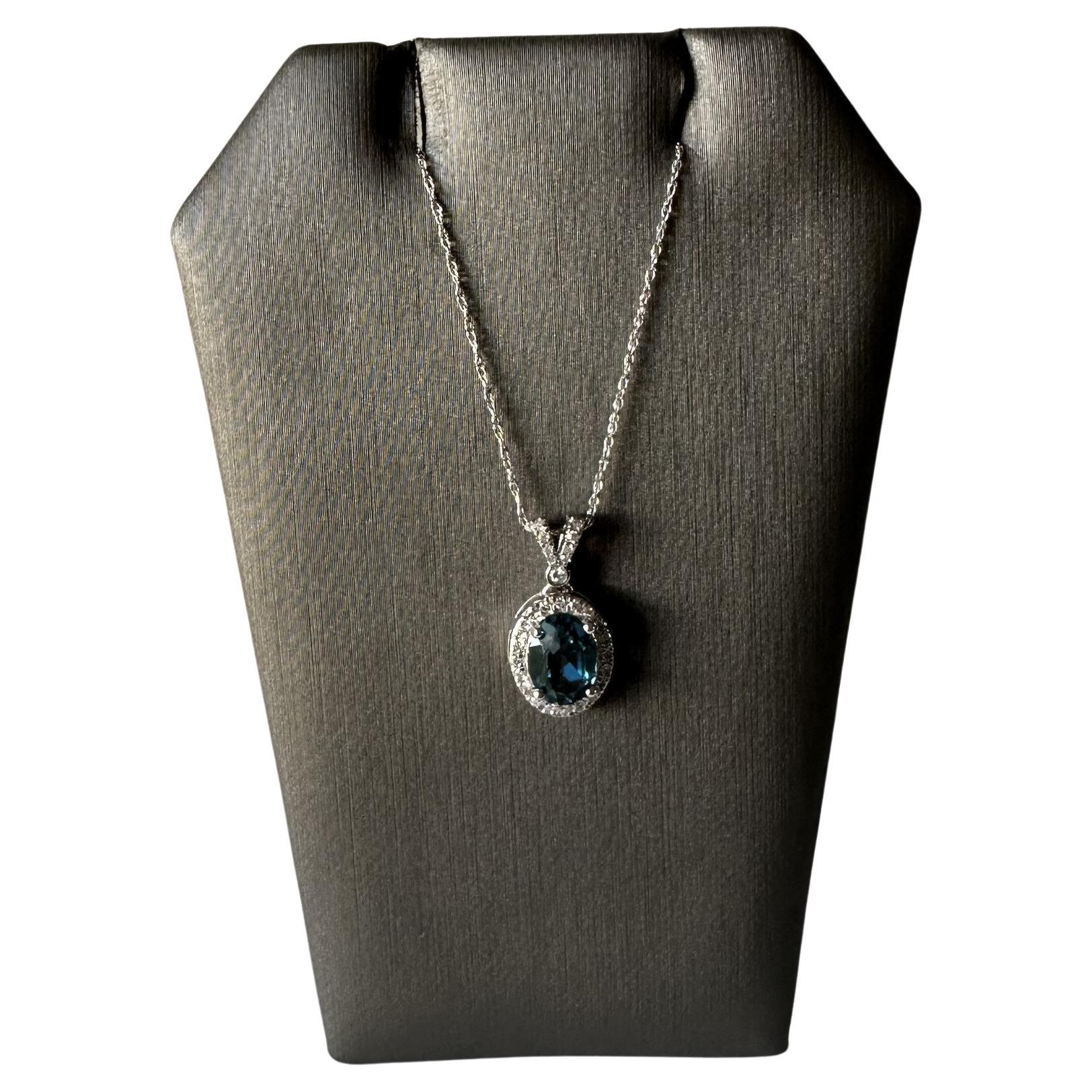 London Blue Topaz and Diamond Necklace in 10kt White Gold – 7.85x5.8mm Topaz