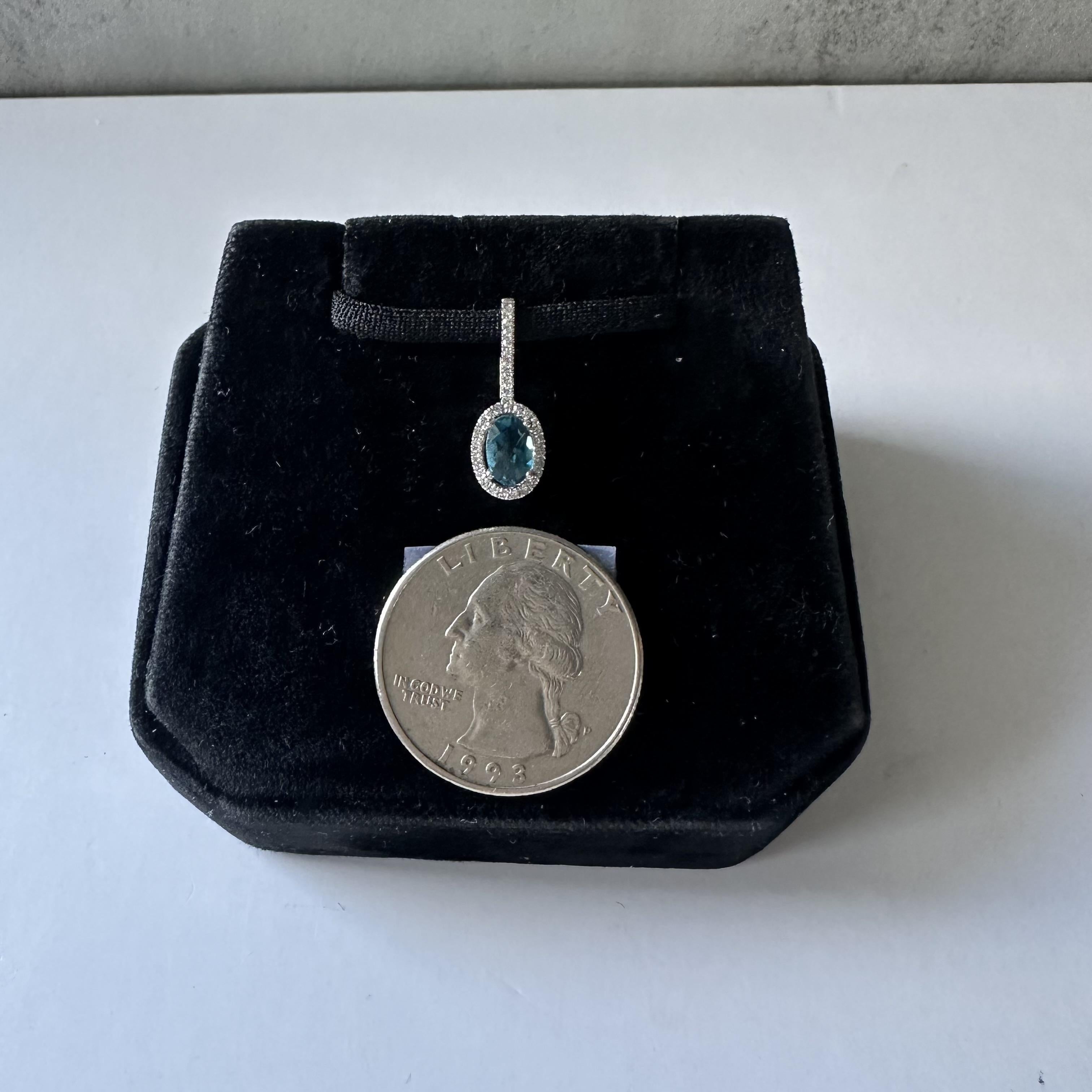 London Blue Topaz and Diamond Pendant in 14kt White Gold - 0.07ctw Diamonds, New In New Condition For Sale In West Hempstead, NY