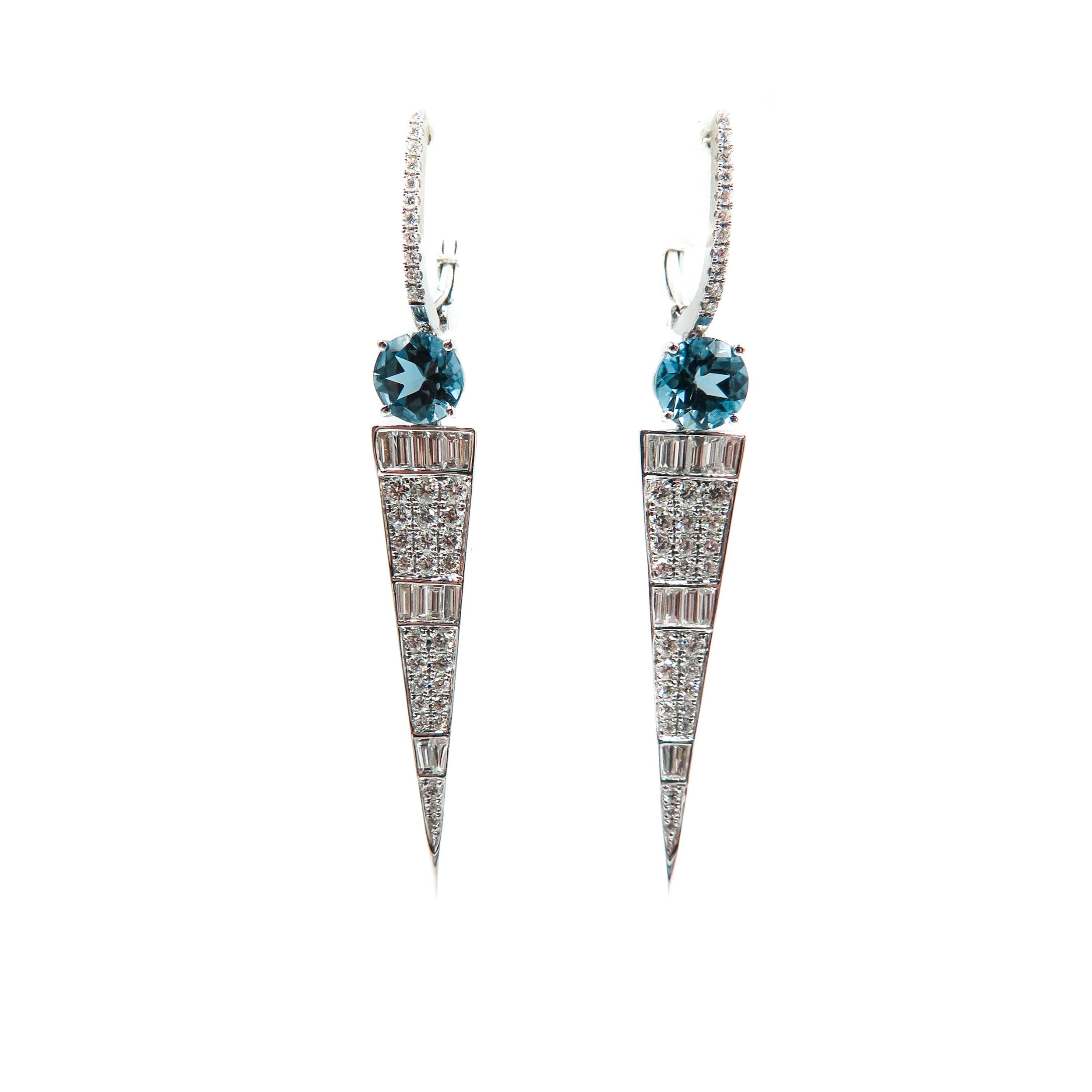 Blue as deep as the ocean and sparkles as the waves touched by the sun, this design is an ode to modern elegance. Indulge in the refined artistry of the latest style of this fine Diamond and Blue Topaz and Drop Earrings.
Delicately set in 18k white