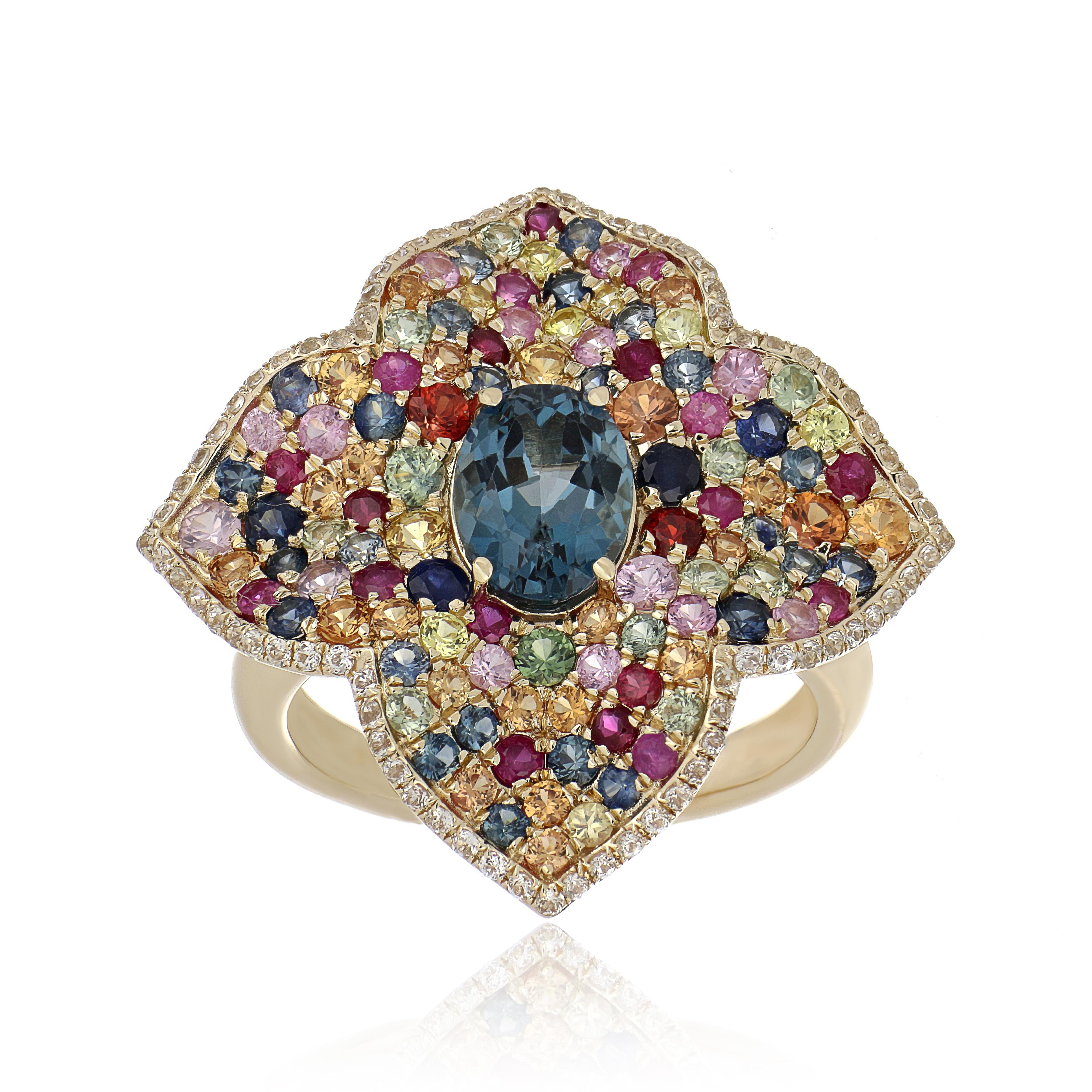 For Sale:  London Blue Topaz and Multi Sapphire Studded Ring in 10 Karat Yellow Gold 2