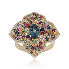 London Blue Topaz and Multi Sapphire Studded Ring in 10 Karat Yellow Gold