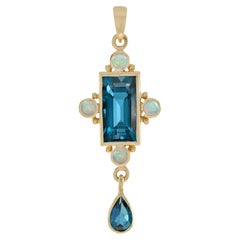 London Blue Topaz and Opal Vintage Style Pendant in 9K Yellow Gold