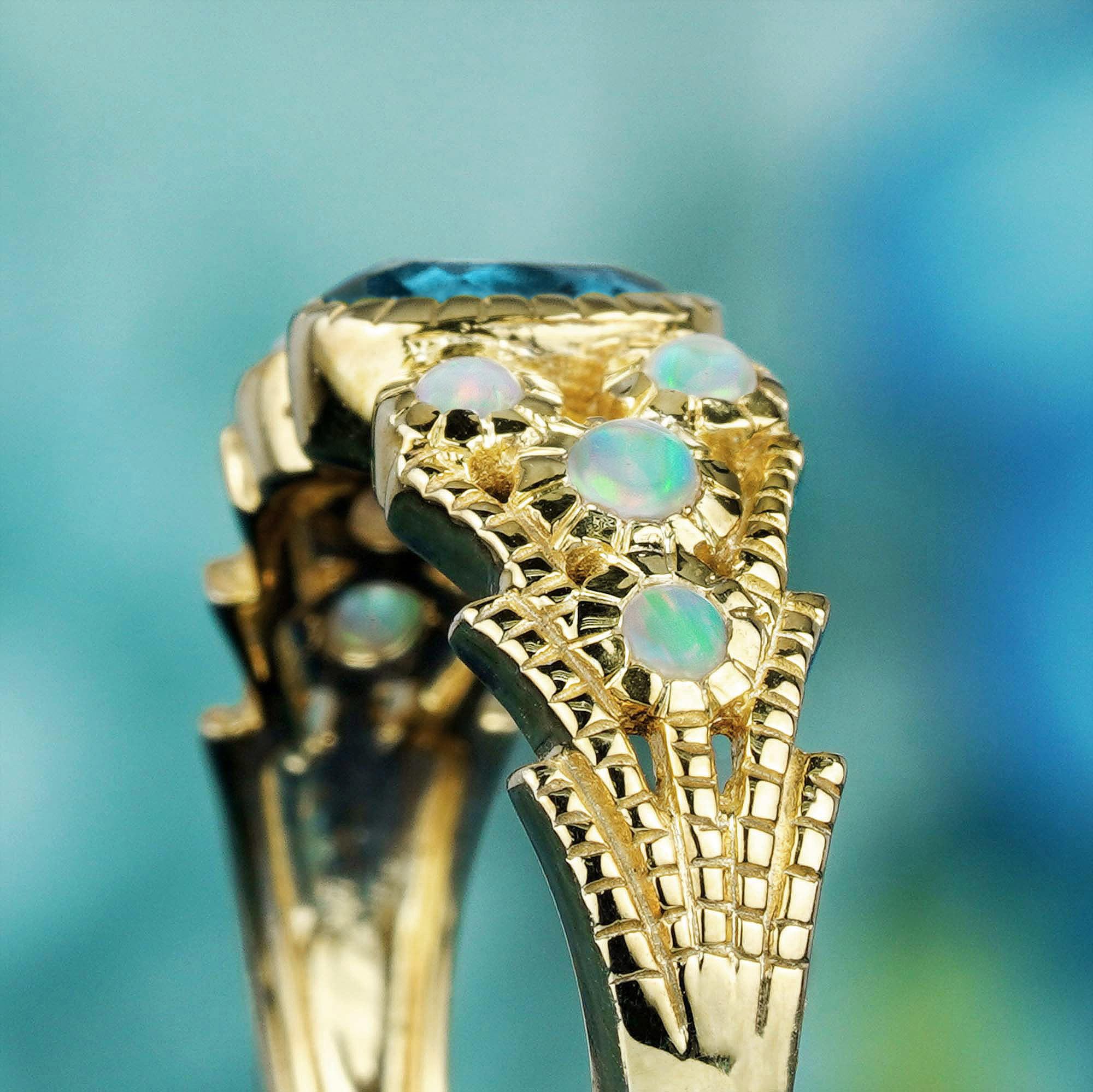 Londoner Vintage-Ring aus massivem 9 Karat Gelbgold mit blauem Topas und Opal im Vintage-Stil Damen im Angebot