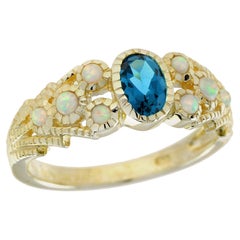 Bague de style vintage de Londres en or jaune massif 9 carats, topaze bleue et opale