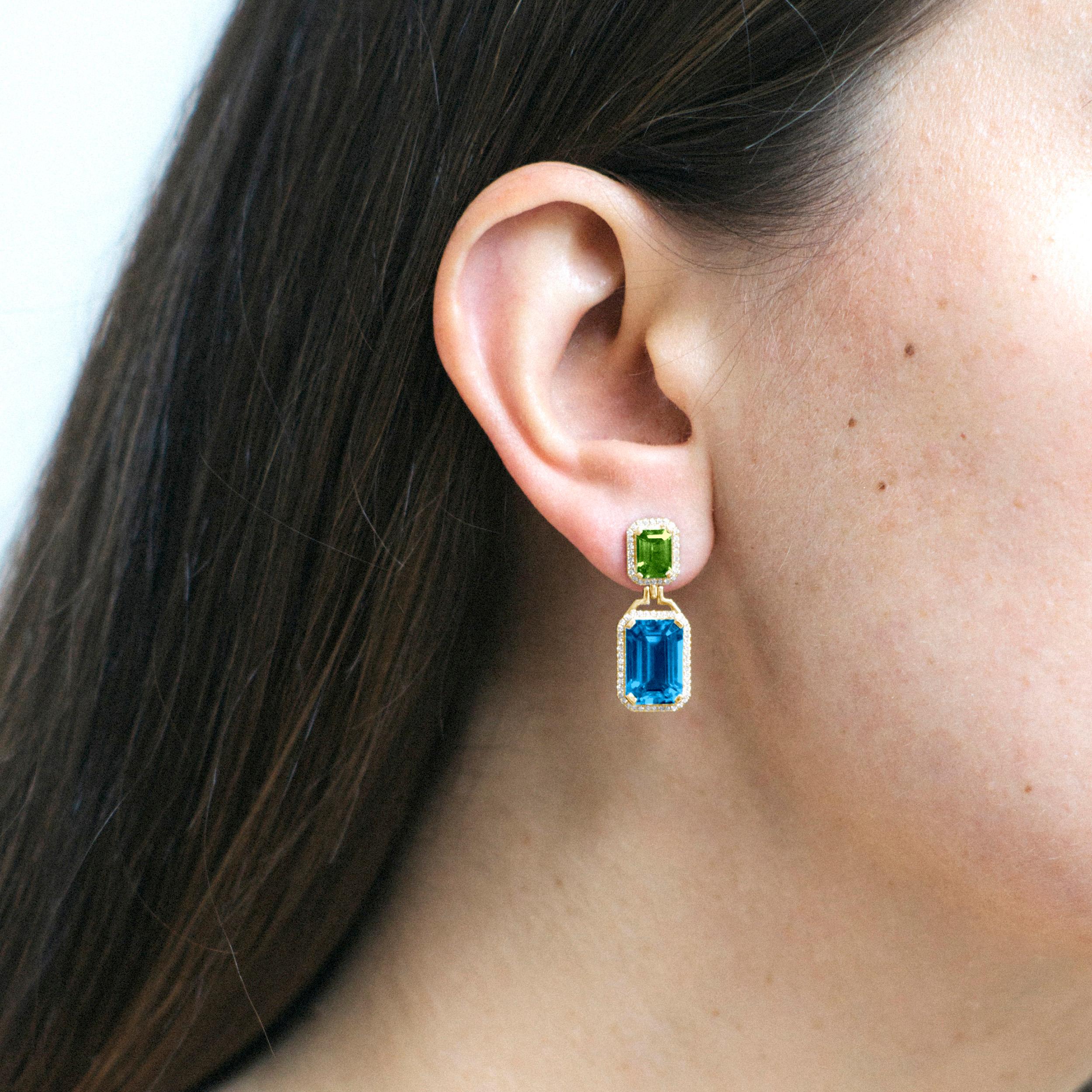 London Blue Topaz and Peridot Emerald Cut Earrings in 18K Yellow Gold with Diamonds, from 'Gossip' Collection.
Please allow 2-4 weeks for this item to be delivered

Stone Size: 12 x 8 mm & 7 x 5 mm 

Diamonds: G-H / VS, Approx Wt: 0.40 Carats