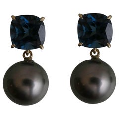 London Blue Topaz and Tahitian Pearl 14kt Yellow Gold Post Drop Earrings