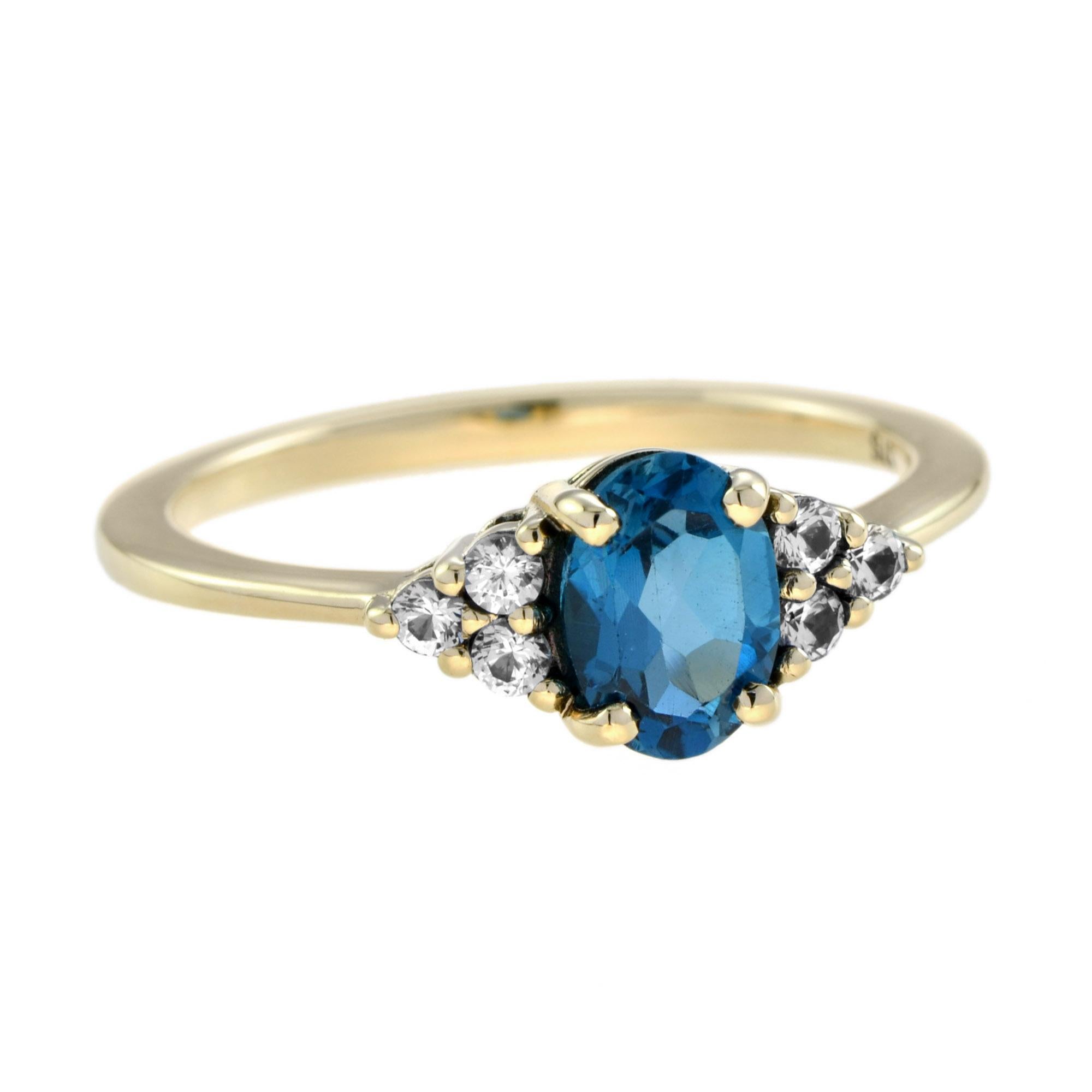 London Blue Topaz and White Sapphire Vintage Style Solitaire Ring in 9K Gold In New Condition For Sale In Bangkok, TH