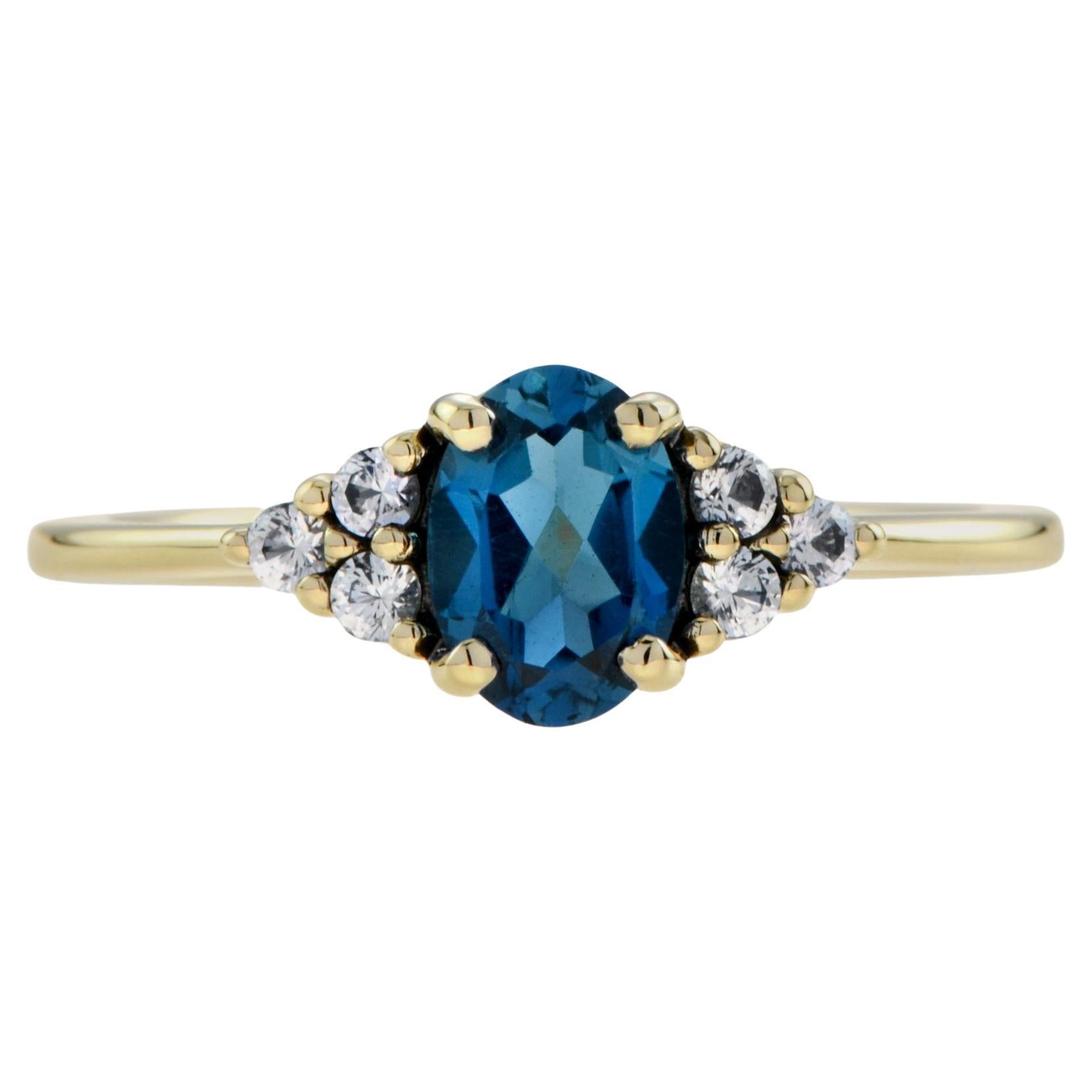 London Blue Topaz and White Sapphire Vintage Style Solitaire Ring in 9K Gold For Sale