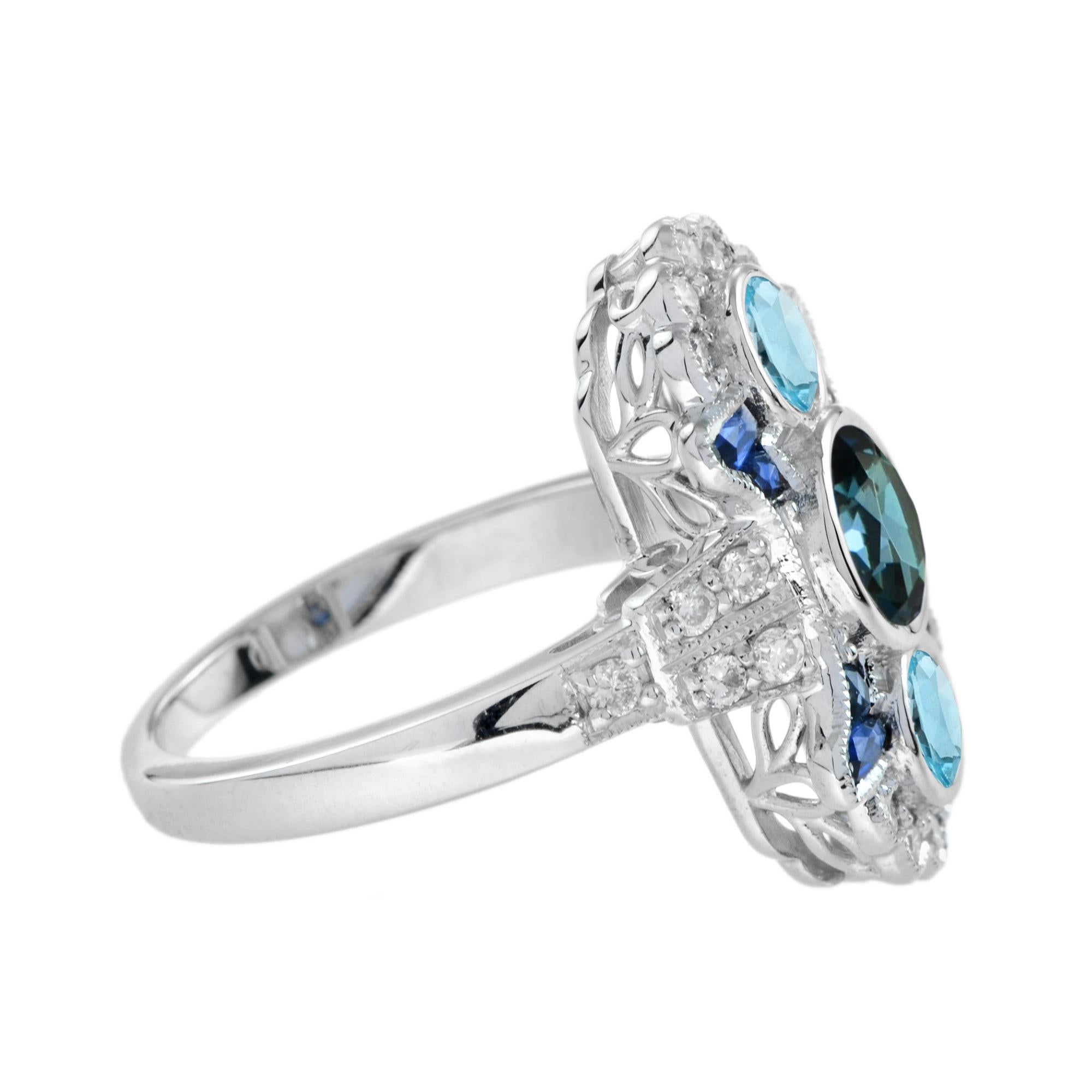 For Sale:  London Blue Topaz Aquamarine Sapphire and Diamond Three Stone Ring in 18k Gold  3