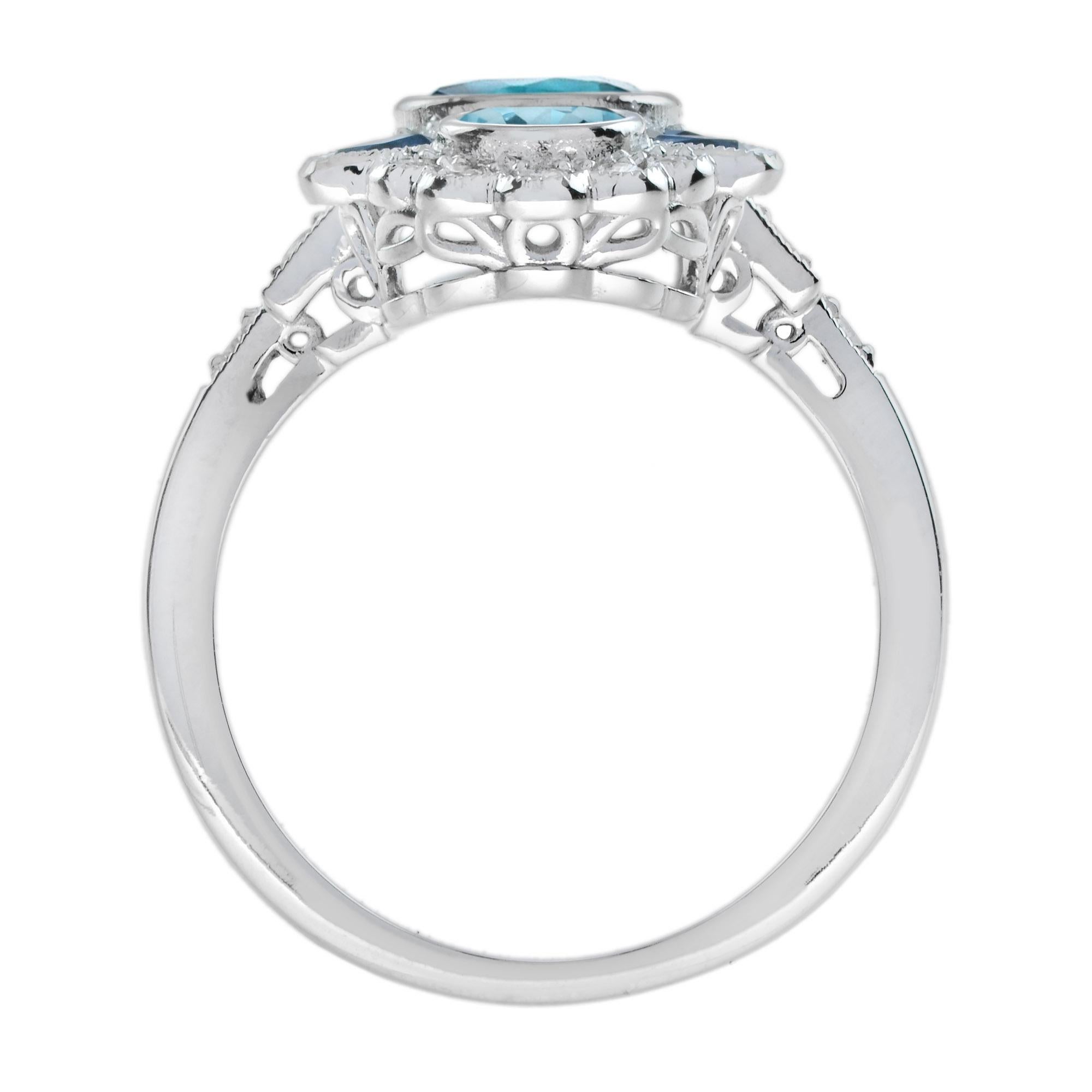 For Sale:  London Blue Topaz Aquamarine Sapphire and Diamond Three Stone Ring in 18k Gold  5