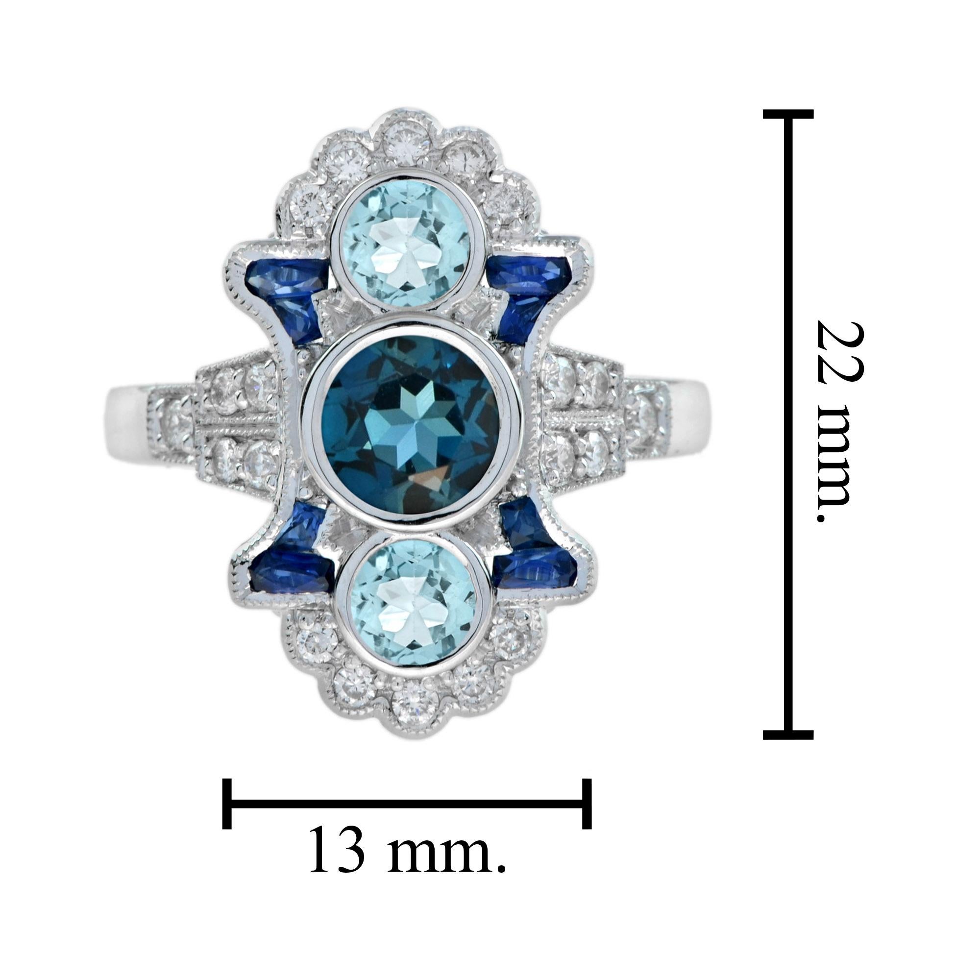 For Sale:  London Blue Topaz Aquamarine Sapphire and Diamond Three Stone Ring in 18k Gold  6