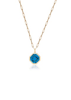 London Blue Topaz Asscher Cut Bezel Set Pendant In 18K Yellow Gold