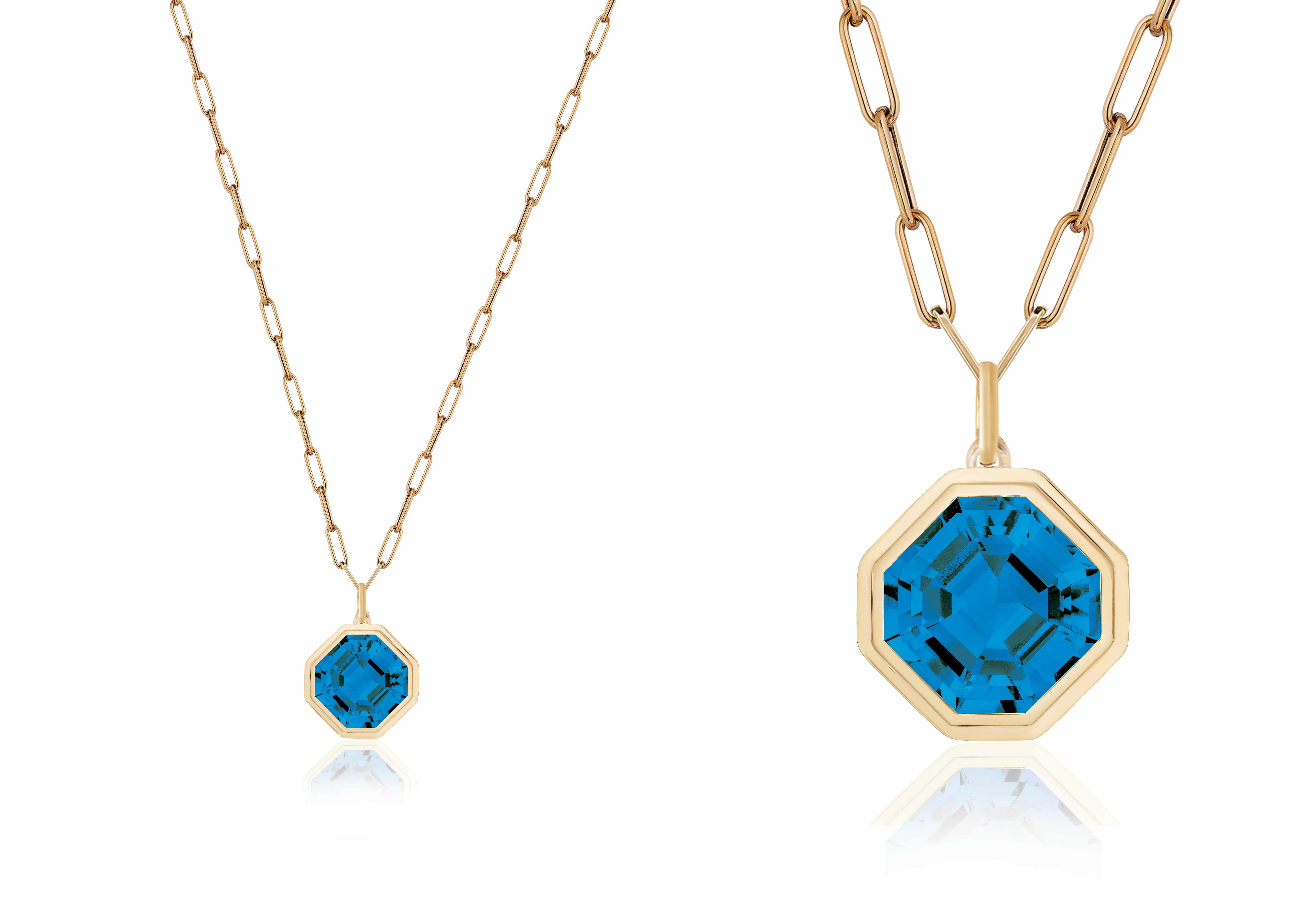London Blue Topaz Asscher Cut Bezel Set Pendant In 18K Yellow Gold In New Condition For Sale In New York, NY