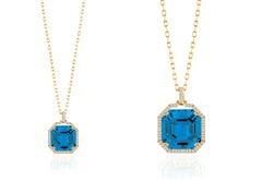 Londoner Blautopas-Anhänger mit Asscher-Schliff und Diamanten aus 18K Gelbgold