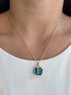 London Blue Topaz Asscher Cut Pendant With Diamonds In 18K Yellow Gold