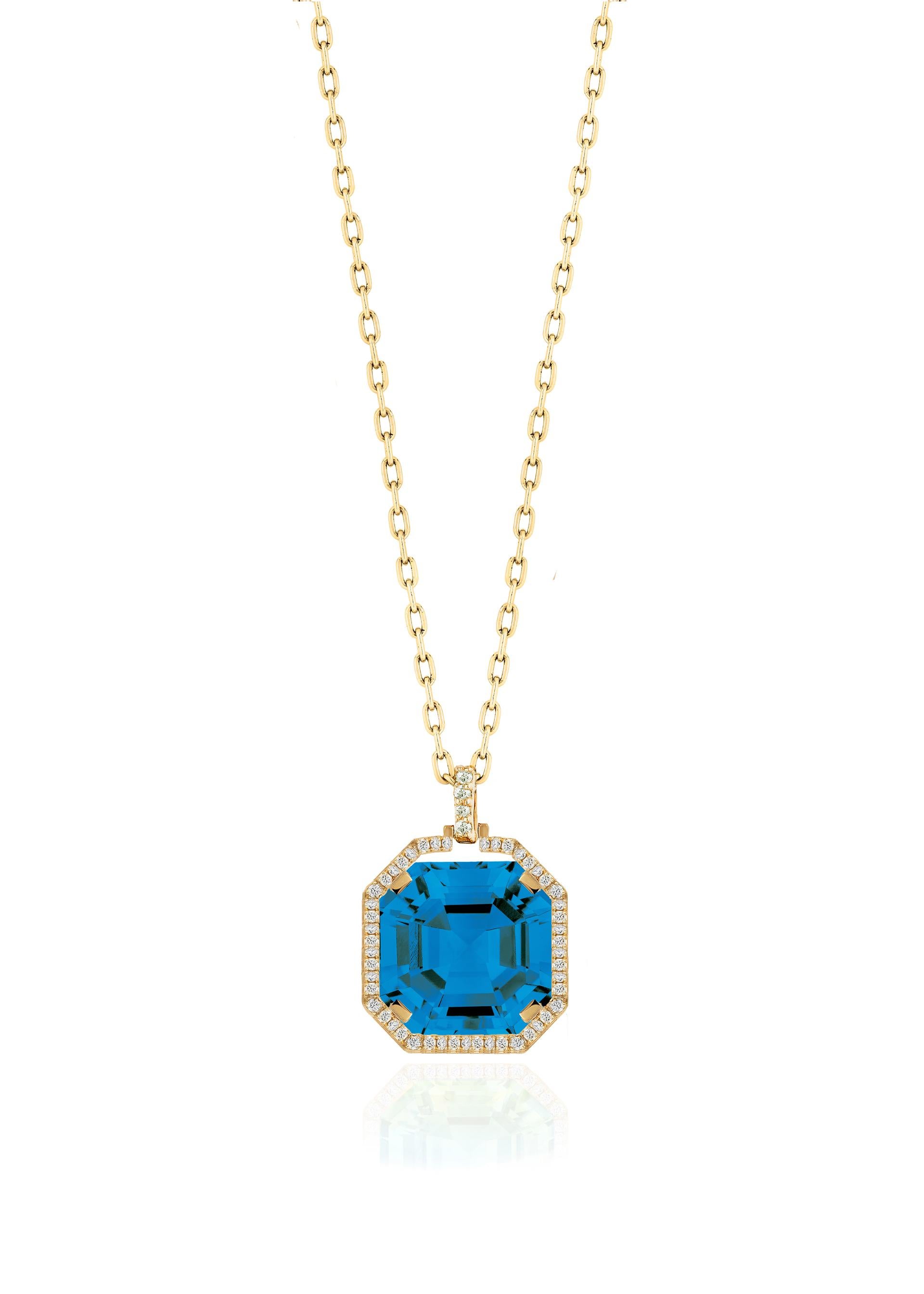 Pendentif en or jaune 18K avec topaze bleue de Londres taillée à l'emporte-pièce et diamants en vente 2
