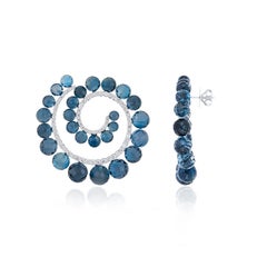 London Blue Topaz, Blue Sapphire and Diamond Studded Earrings in 14k White Gold