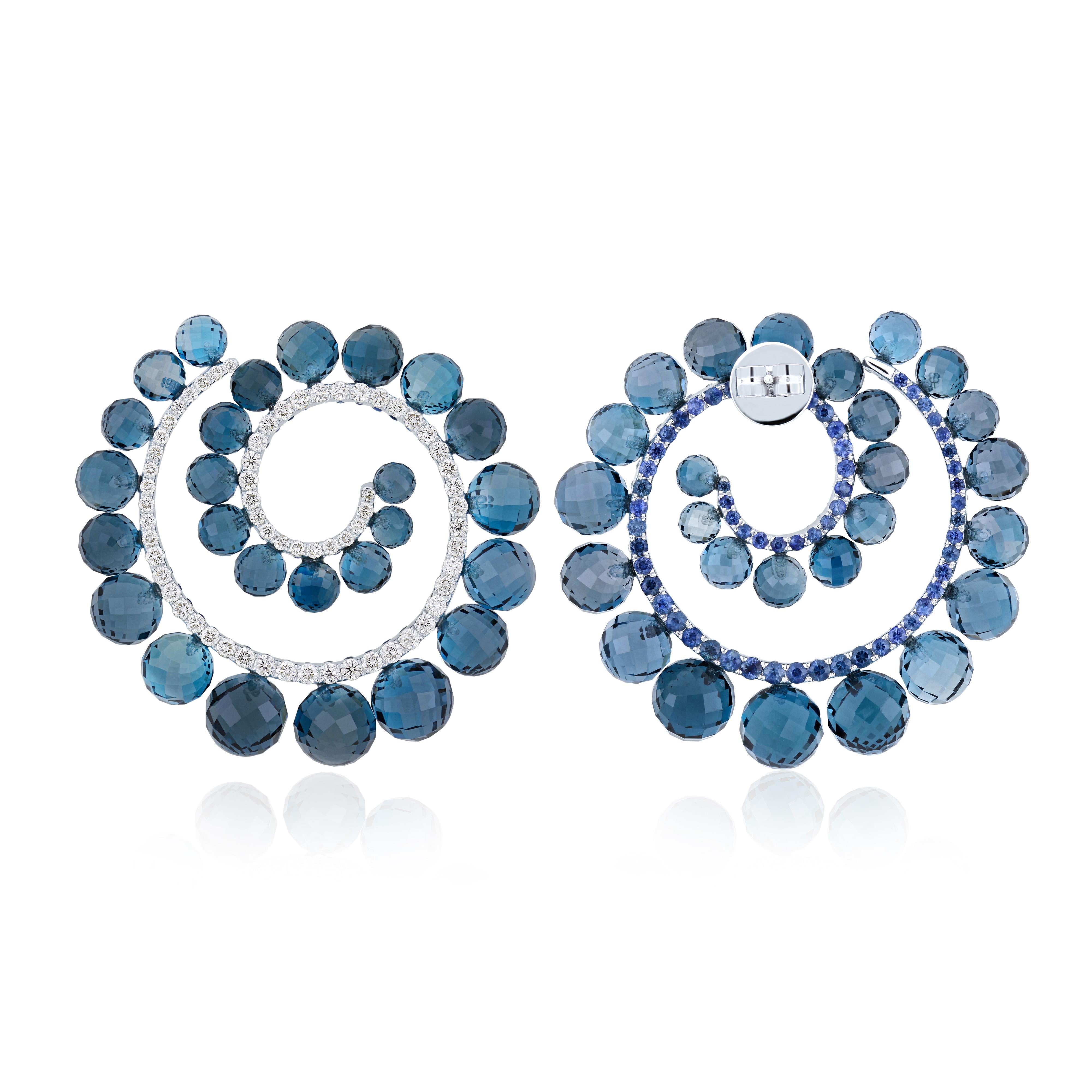 Ball Cut London Blue Topaz, Blue Sapphire and Diamond Studded Earrings in 14k White Gold For Sale