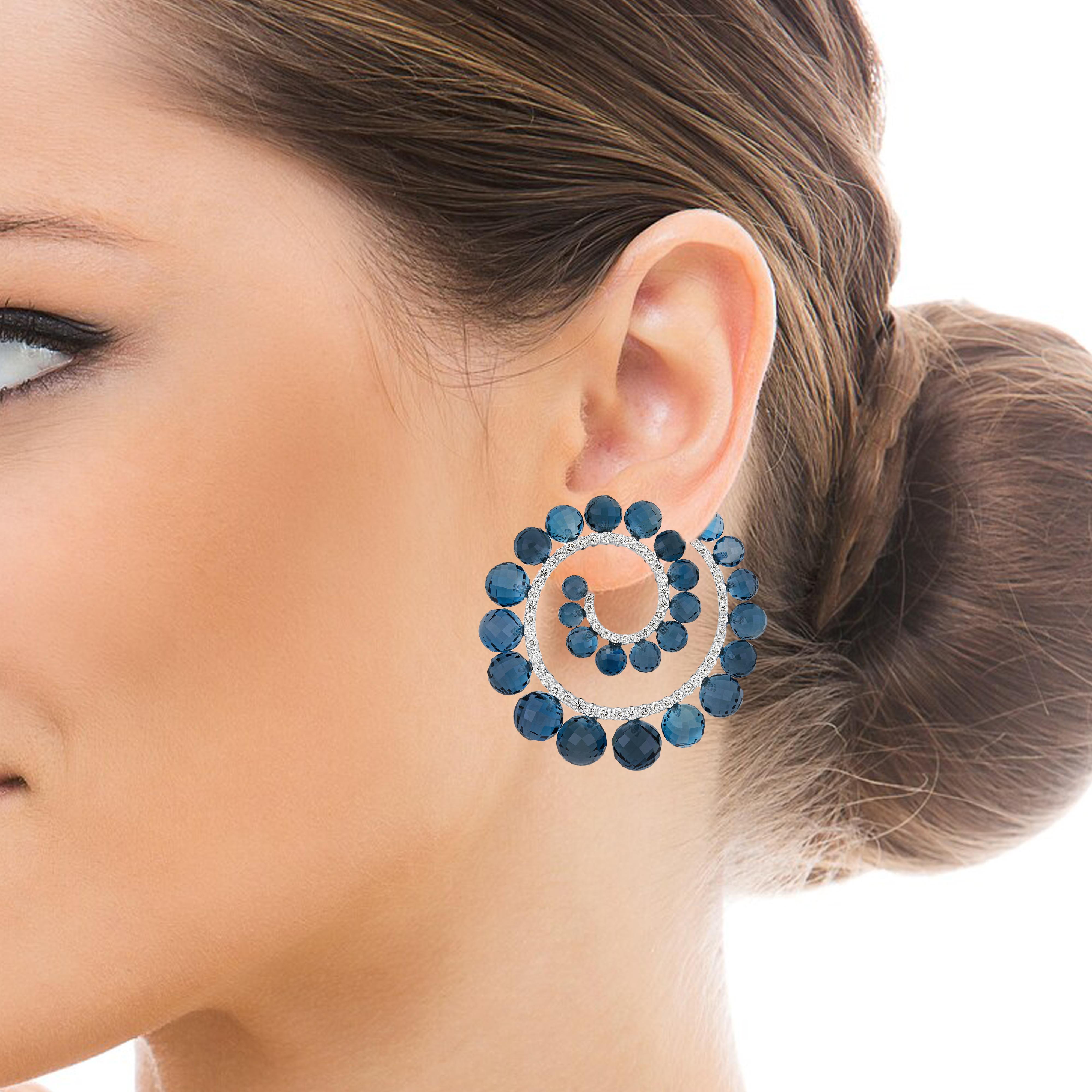 London Blue Topaz, Blue Sapphire and Diamond Studded Earrings in 14k White Gold In New Condition For Sale In JAIPUR, IN
