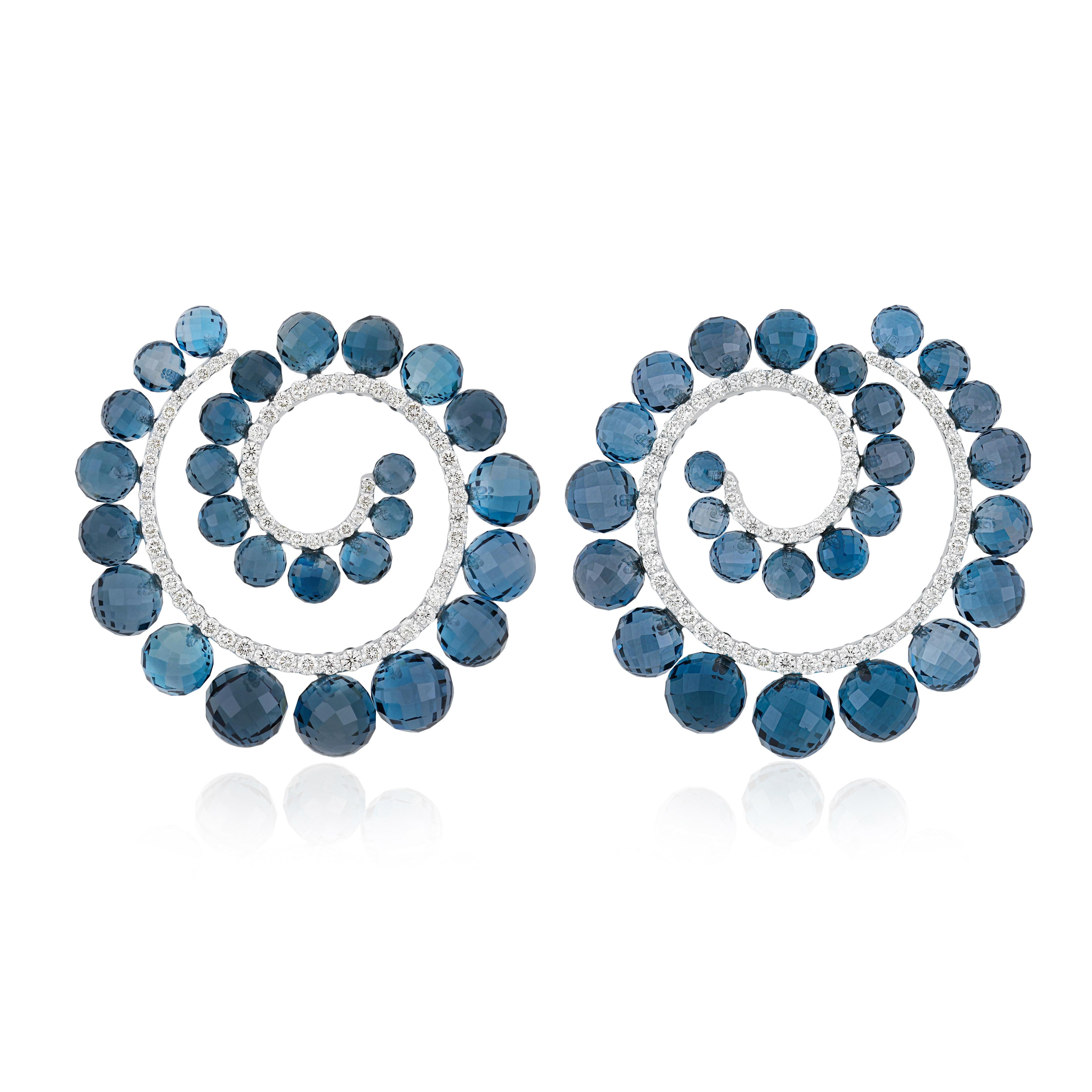 Women's London Blue Topaz, Blue Sapphire and Diamond Studded Earrings in 14k White Gold For Sale