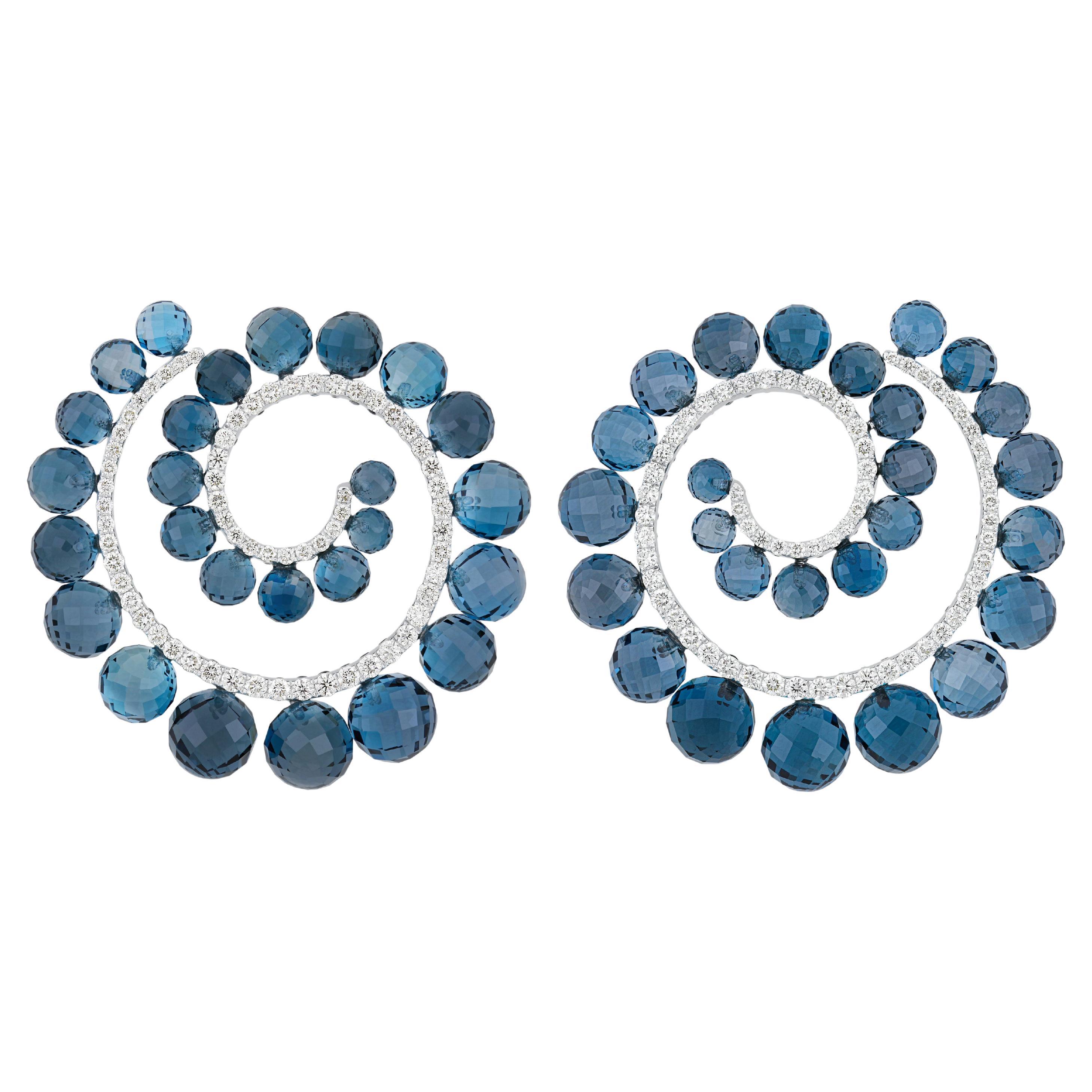 London Blue Topaz, Blue Sapphire and Diamond Studded Earrings in 14k White Gold For Sale