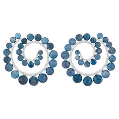 London Blue Topaz, Blue Sapphire and Diamond Studded Earrings in 14k White Gold