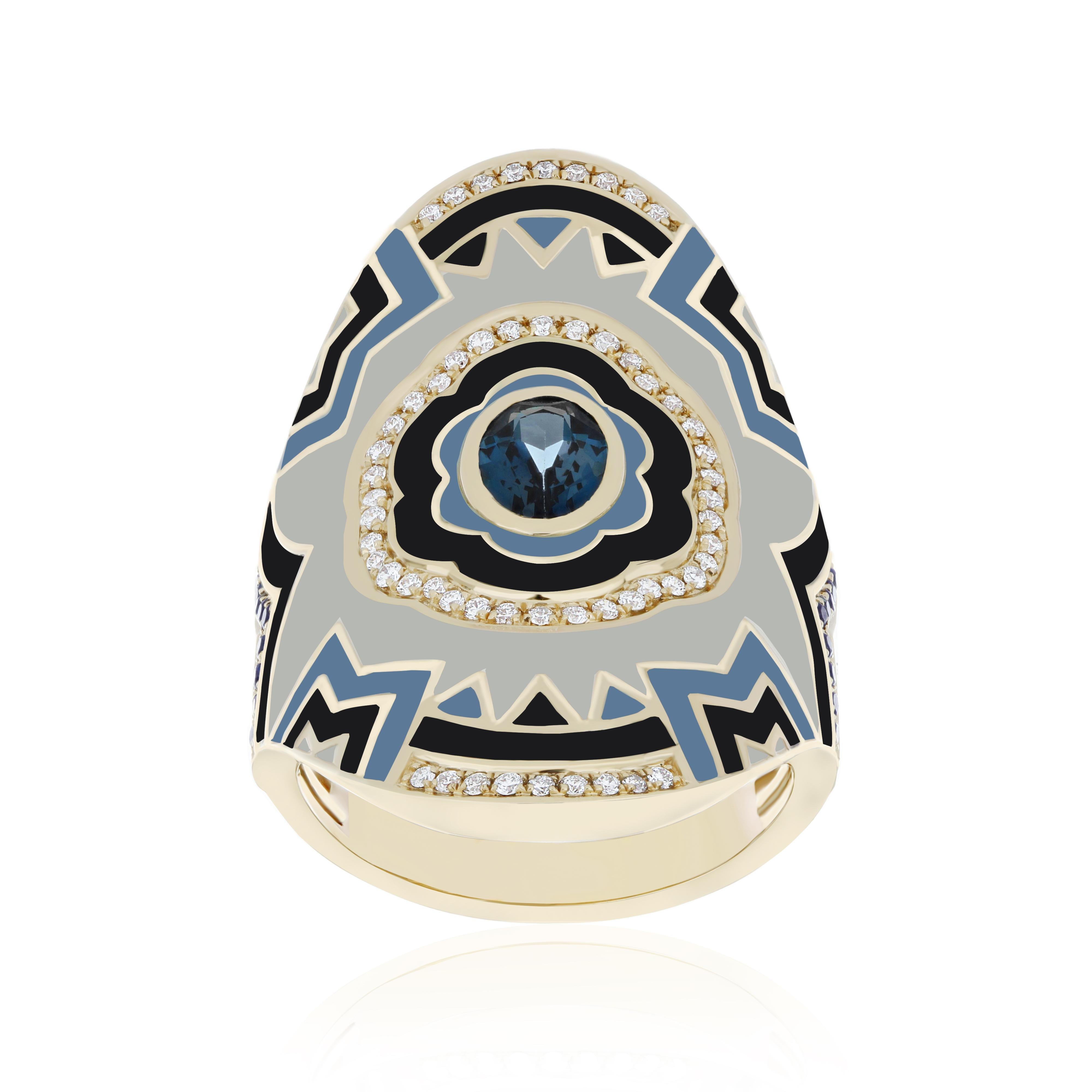 En vente :  Bague London en or jaune 14 carats avec topaze bleue, saphir bleu, émail et diamants 2