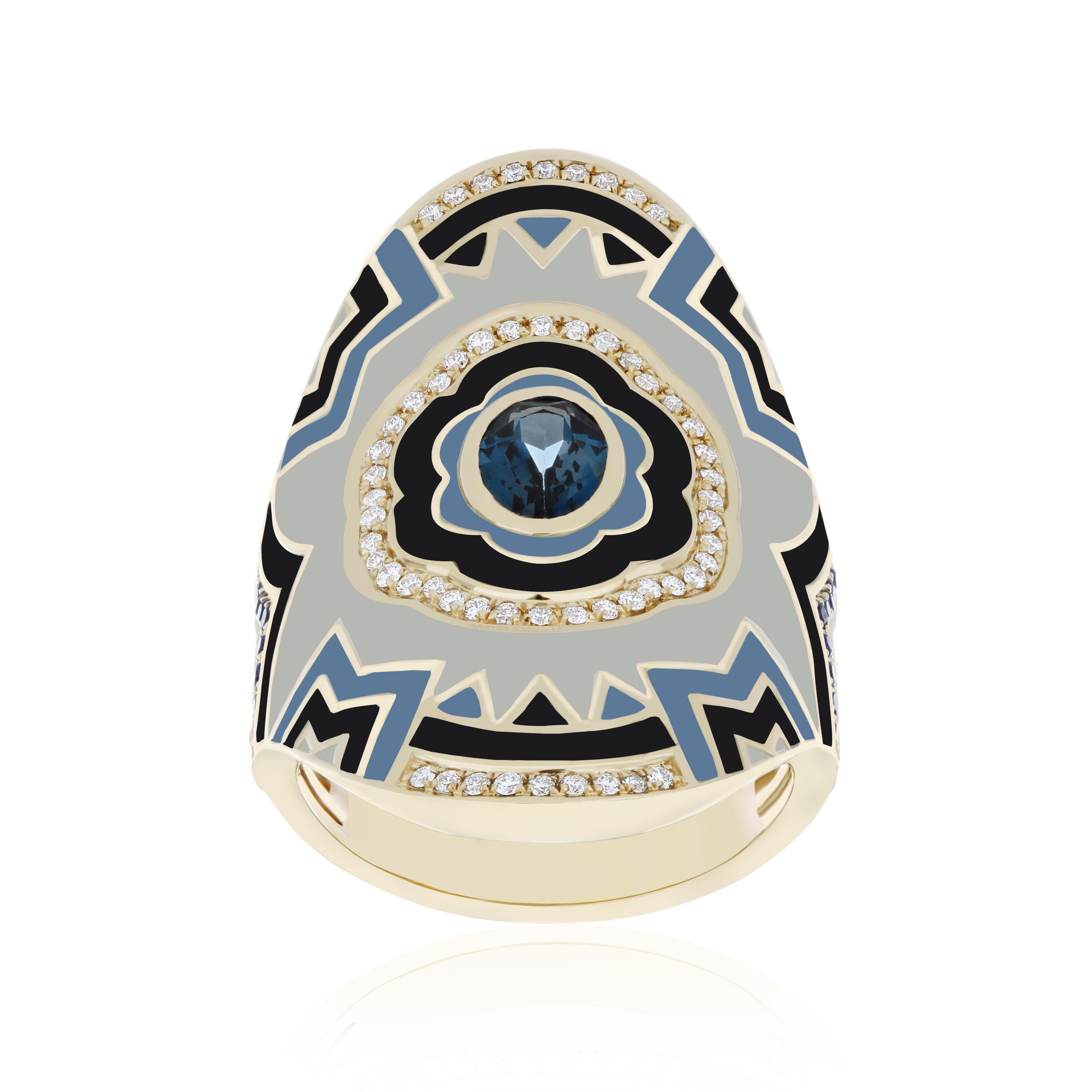 For Sale:  London Blue Topaz, Blue Sapphire, Enamel & Diamond Ring in 14Karat Yellow Gold  2