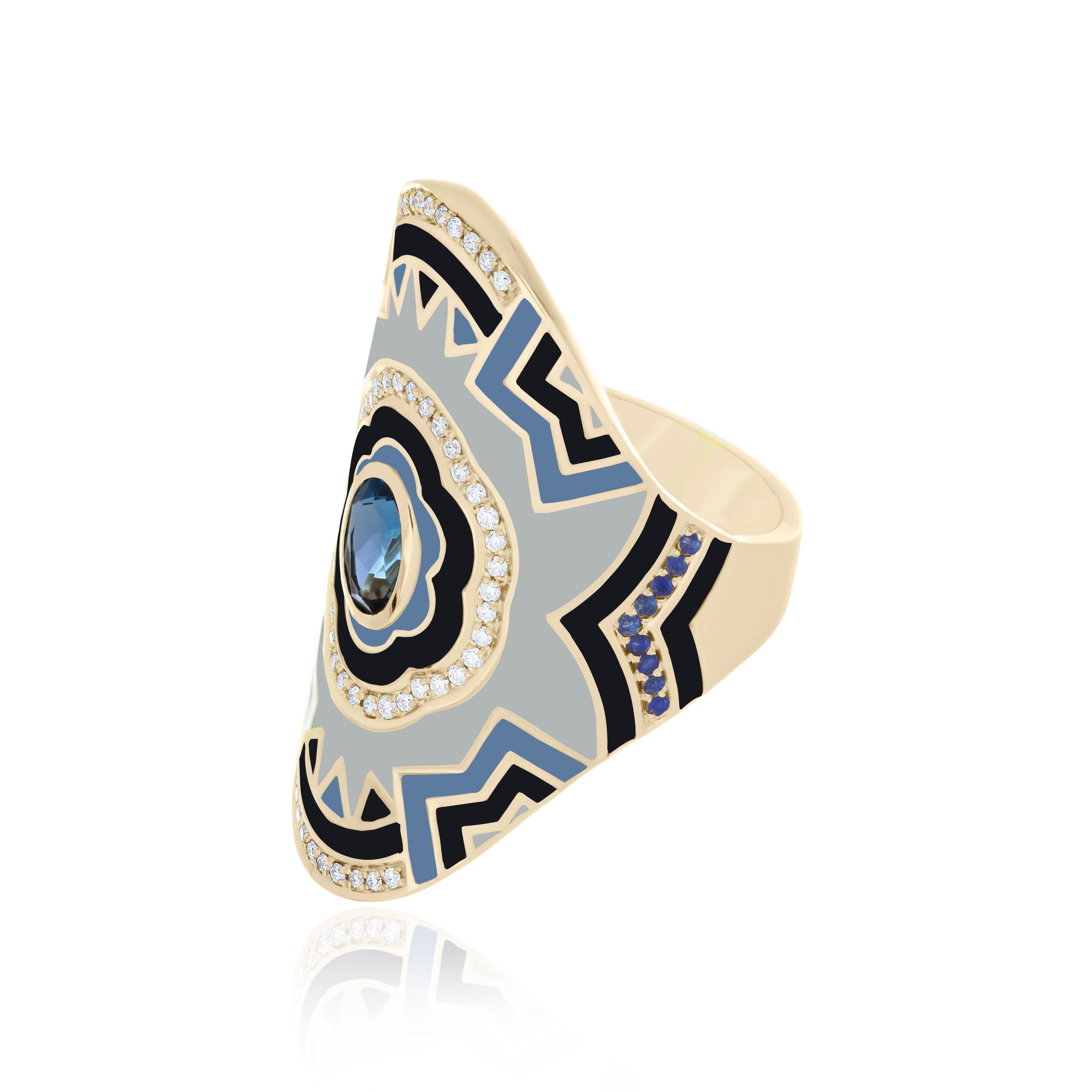 For Sale:  London Blue Topaz, Blue Sapphire, Enamel & Diamond Ring in 14Karat Yellow Gold  3