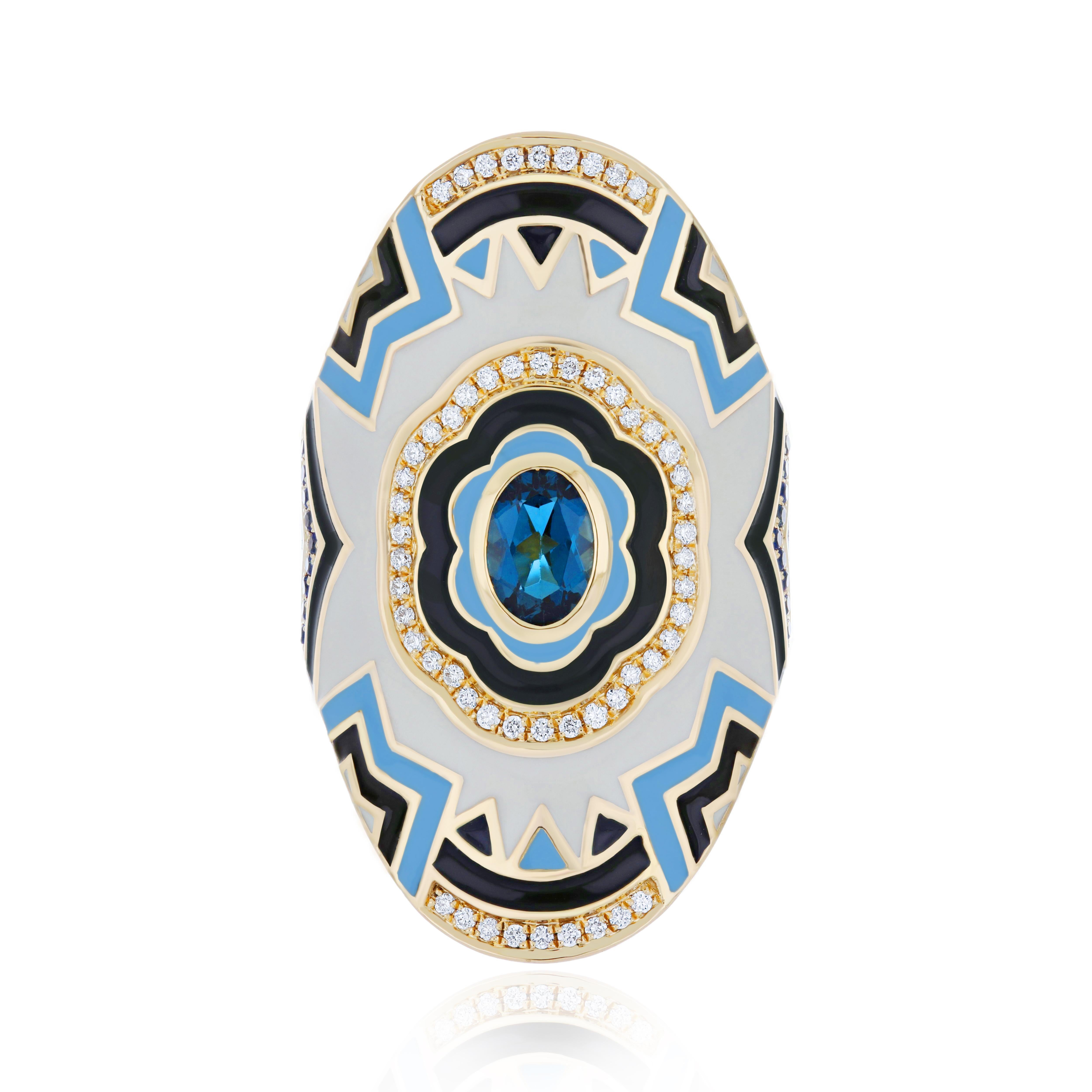 For Sale:  London Blue Topaz, Blue Sapphire, Enamel & Diamond Ring in 14Karat Yellow Gold  7