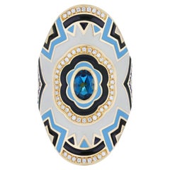 London Blue Topaz, Blue Sapphire, Enamel & Diamond Ring in 14Karat Yellow Gold