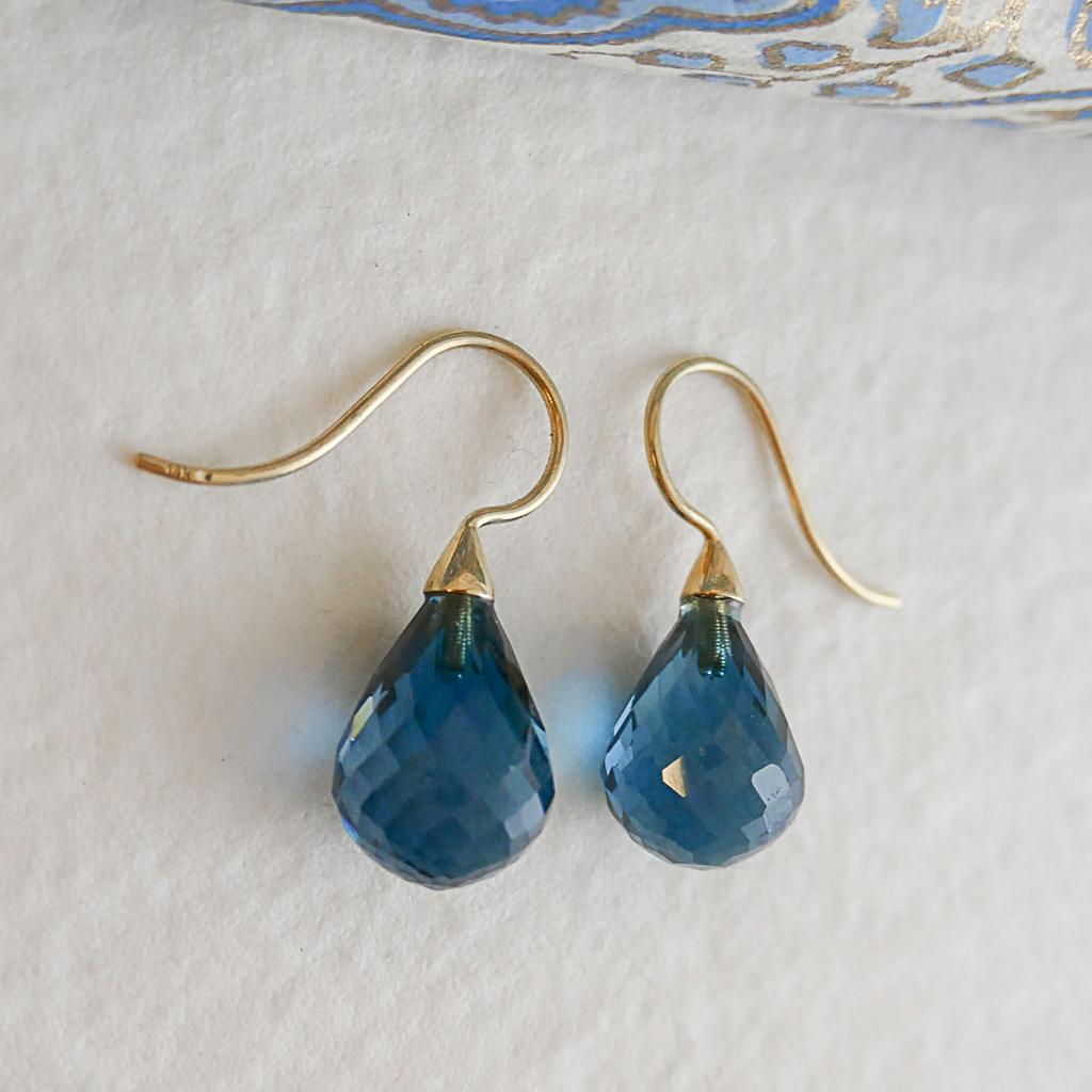 Briolette Cut London Blue Topaz Briolette 14kt Yellow Gold Earrings For Sale