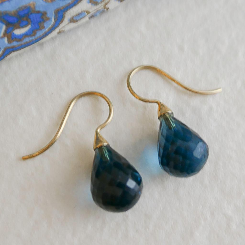 Women's London Blue Topaz Briolette 14kt Yellow Gold Earrings For Sale