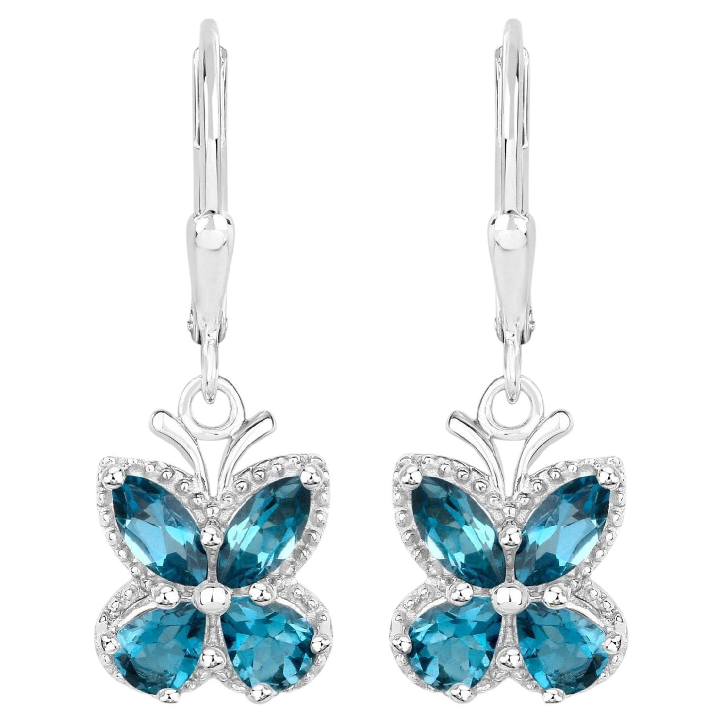 London Blue Topaz Butterfly Dangle Earrings 2.3 Carats Sterling Silver