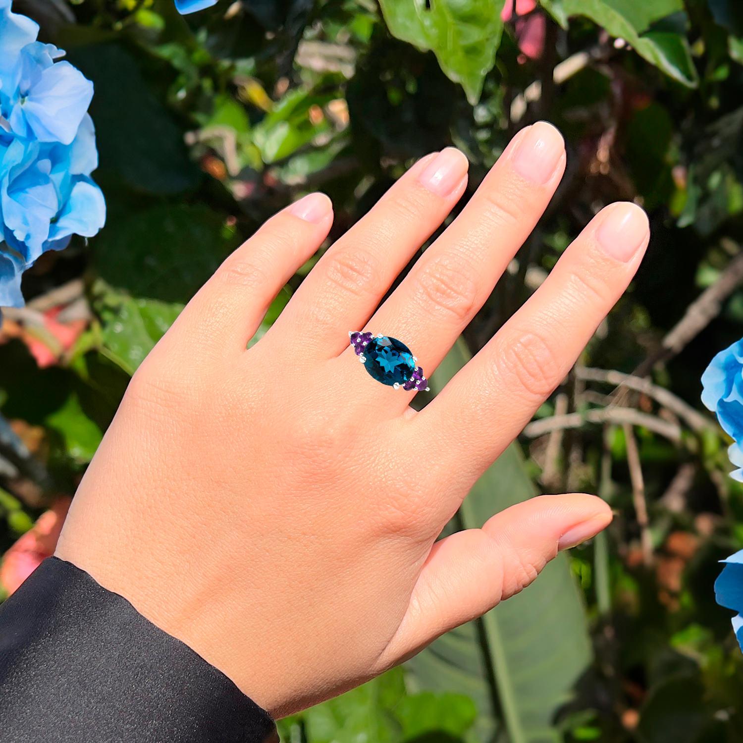 Cushion Cut London Blue Topaz Cocktail Ring Amethyst Setting 6.65 Carats For Sale