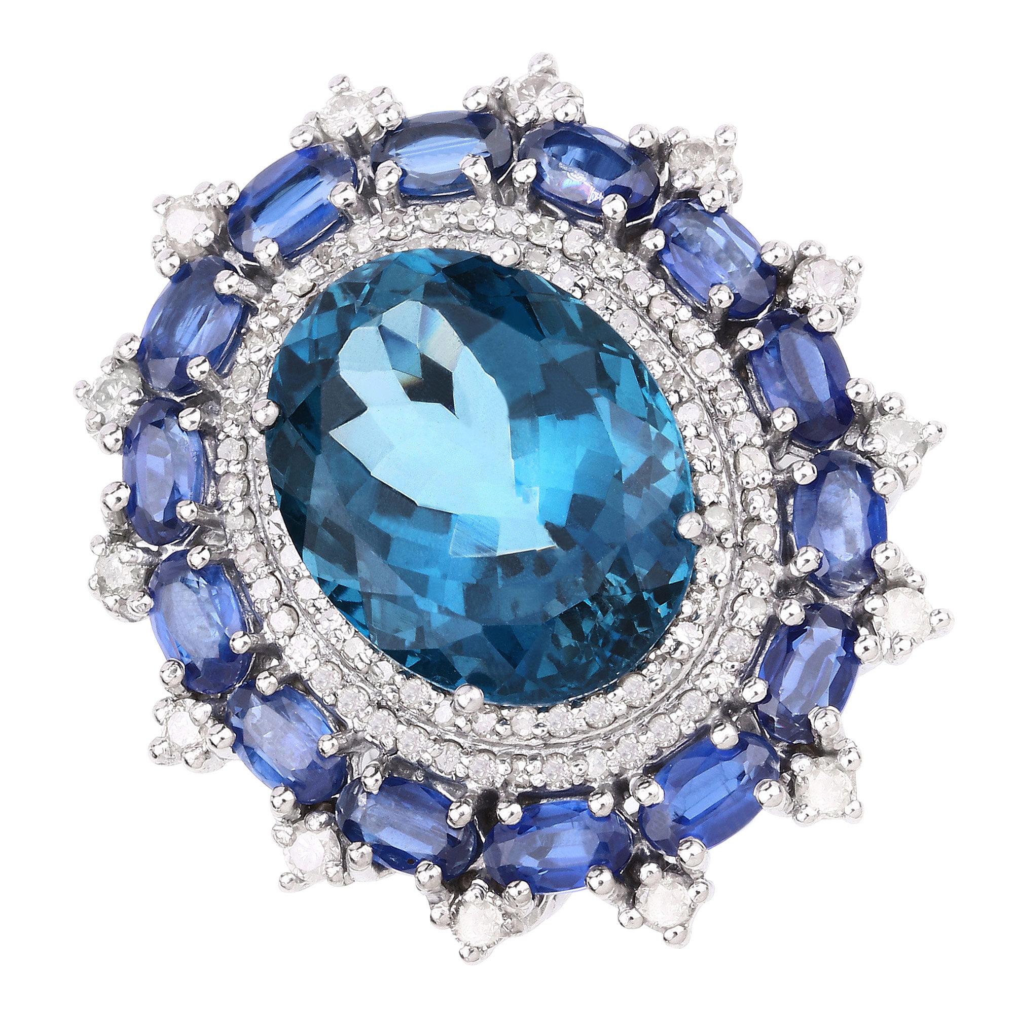 Londoner Blauer Topas Cocktail-Ring Diamant und Kyanit Doppel Halo 21 Karat insgesamt (Zeitgenössisch) im Angebot