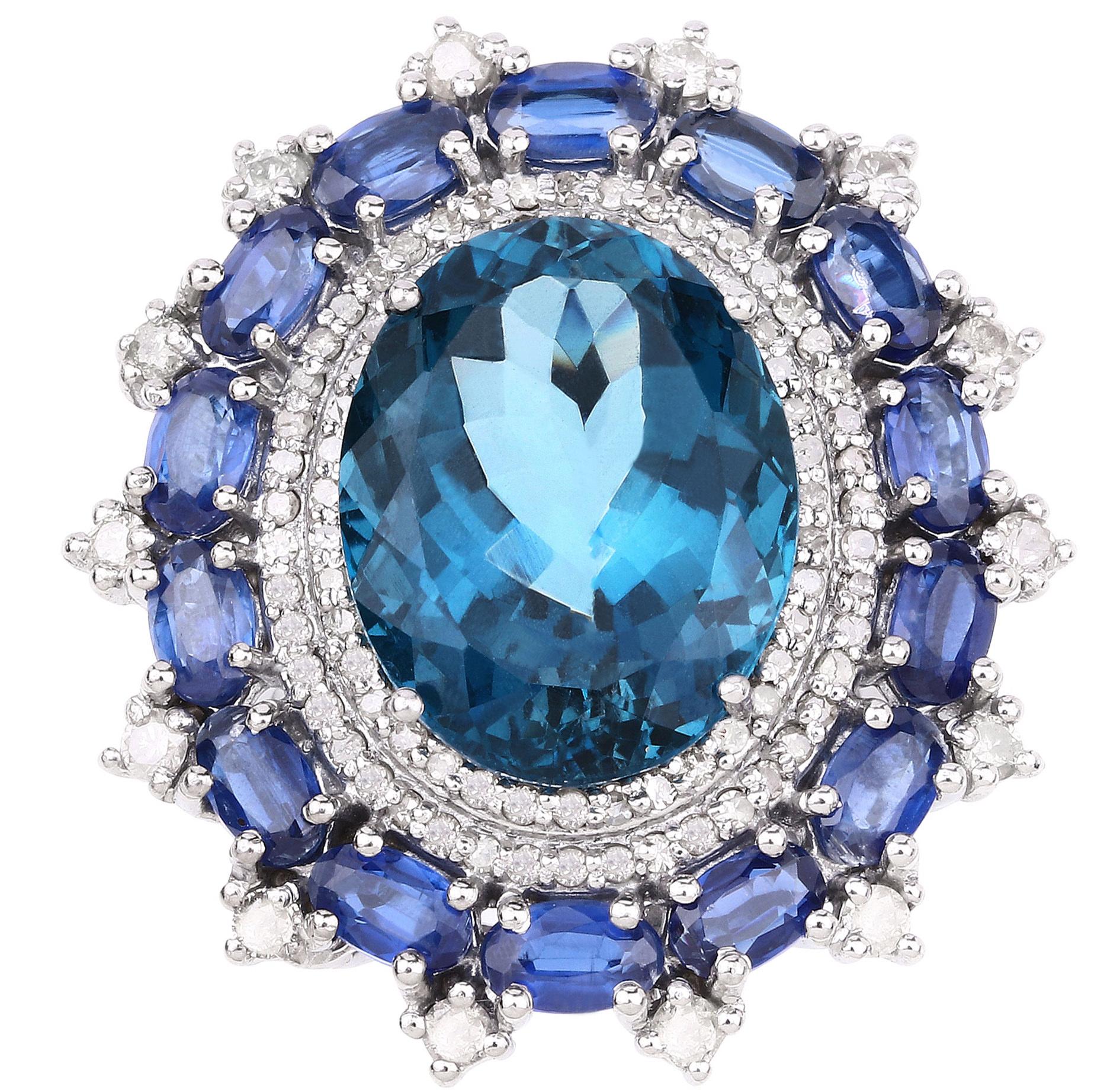 Londoner Blauer Topas Cocktail-Ring Diamant und Kyanit Doppel Halo 21 Karat insgesamt (Ovalschliff) im Angebot