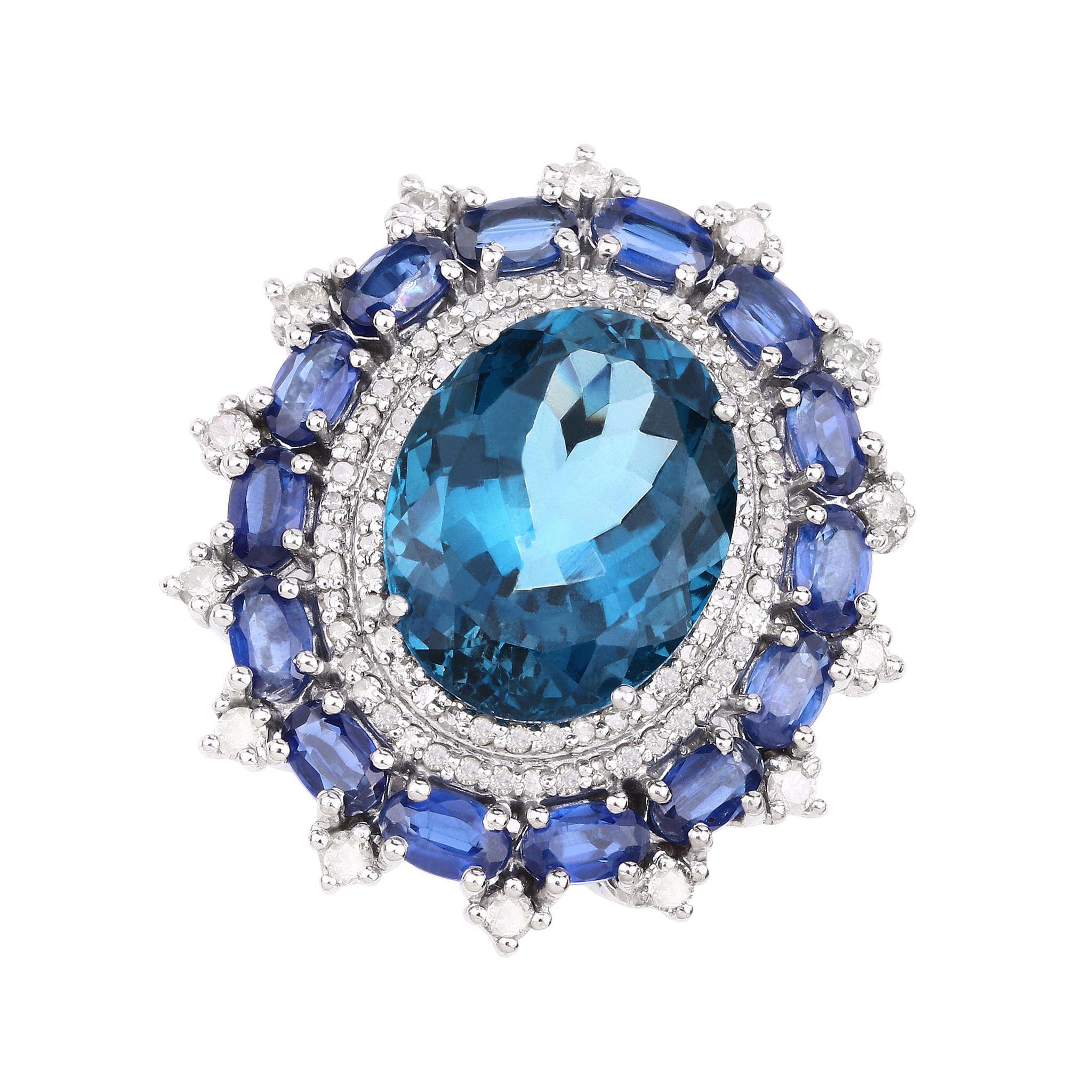 Londoner Blauer Topas Cocktail-Ring Diamant und Kyanit Doppel Halo 21 Karat insgesamt im Zustand „Neu“ im Angebot in Laguna Niguel, CA