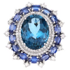 London Blue Topaz Cocktail Ring Diamond and Kyanite Double Halo 21 Carats Total