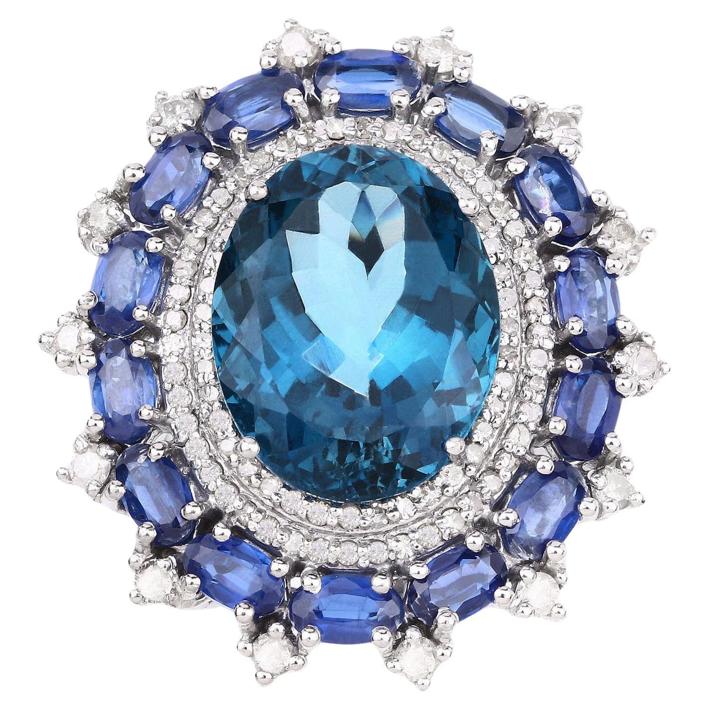 London Blue Topaz Cocktail Ring Diamond and Kyanite Double Halo 21 Carats Total For Sale