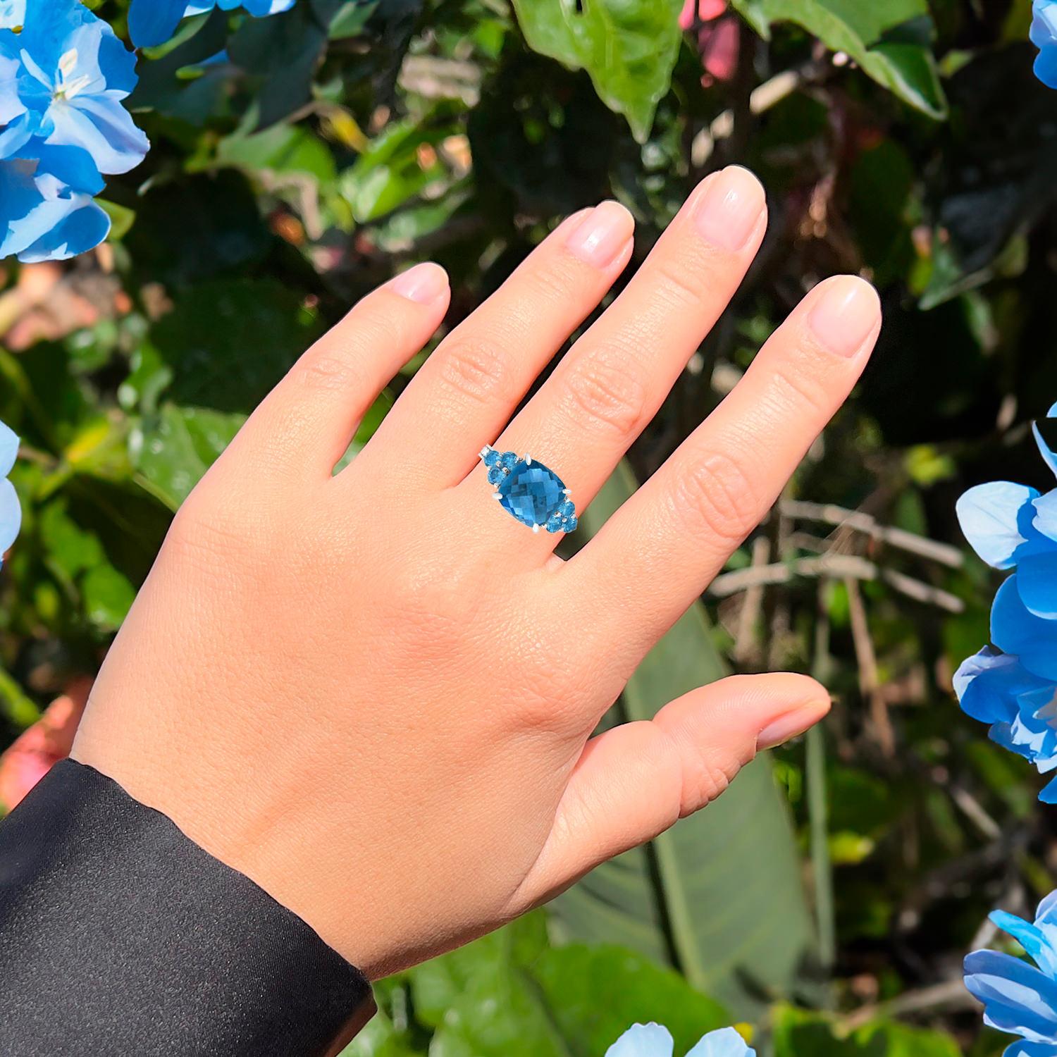 Rose Cut London Blue Topaz Cocktail Ring Diamond Band 18K White Gold For Sale