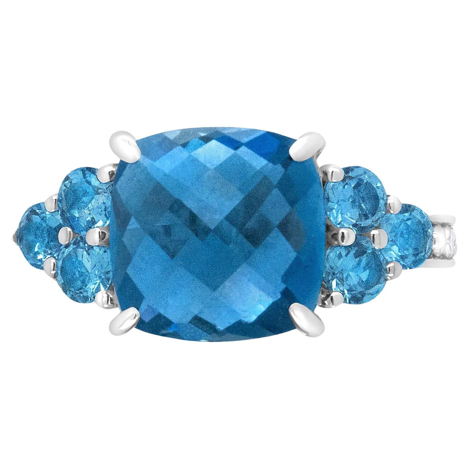 London Blue Topaz Cocktail Ring Diamond Band 18K White Gold For Sale