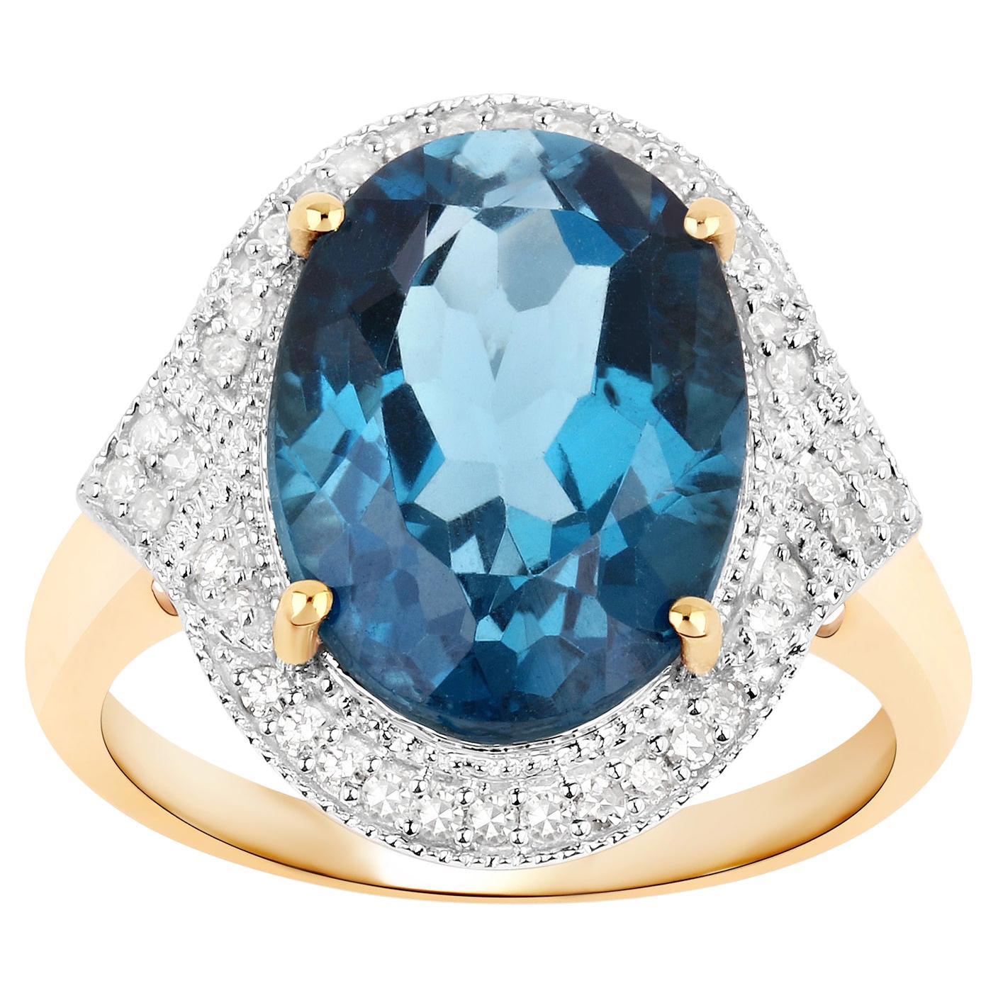 London Blue Topaz Cocktail Ring Diamonds 8 Carats 14K Yellow Gold For Sale