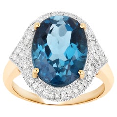 London Blue Topaz Cocktail Ring Diamonds 8 Carats 14K Yellow Gold