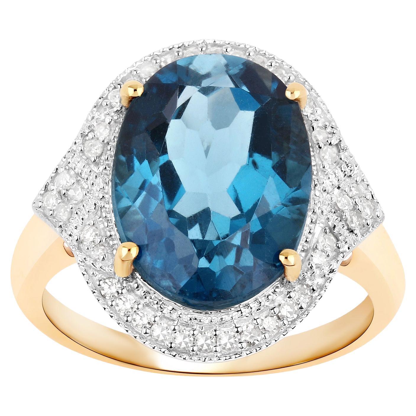 London Blauer Topas Cocktail-Ring Diamanten 8 Karat 14K Gelbgold